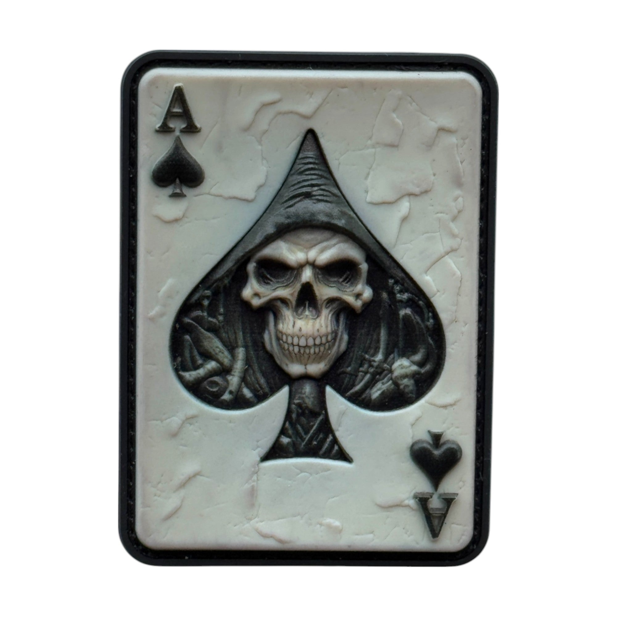 Ace of Spades, white color with skull on a tactical military 3D PVC Velcro patch. Top-quality hook and loop patch, ideal for adding a unique and fun touch to your gear