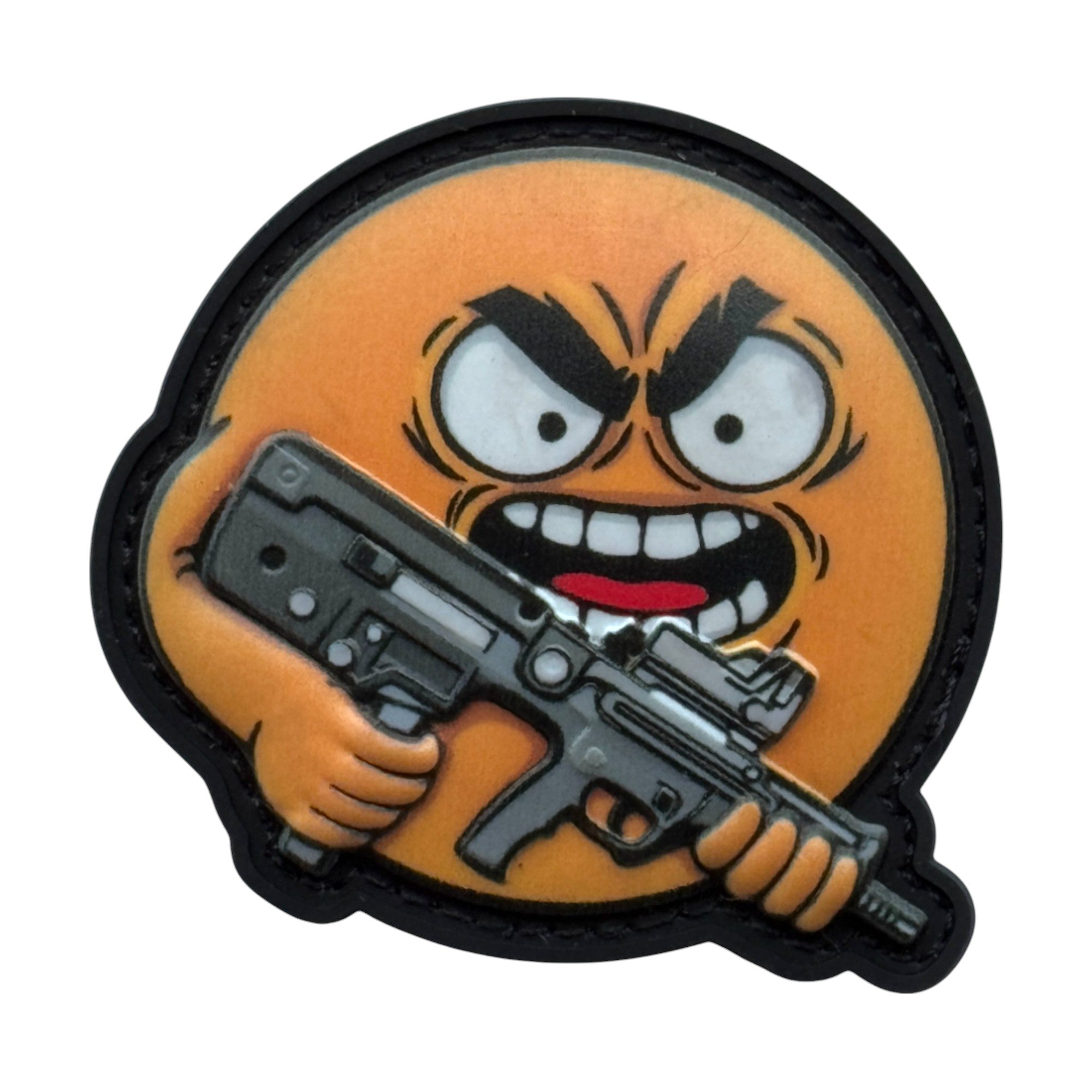 Angry yellow emoji holding a rifle on a tactical military 3D PVC Hook and loop patch. Ideal for adding a unique and fun touch to your gear