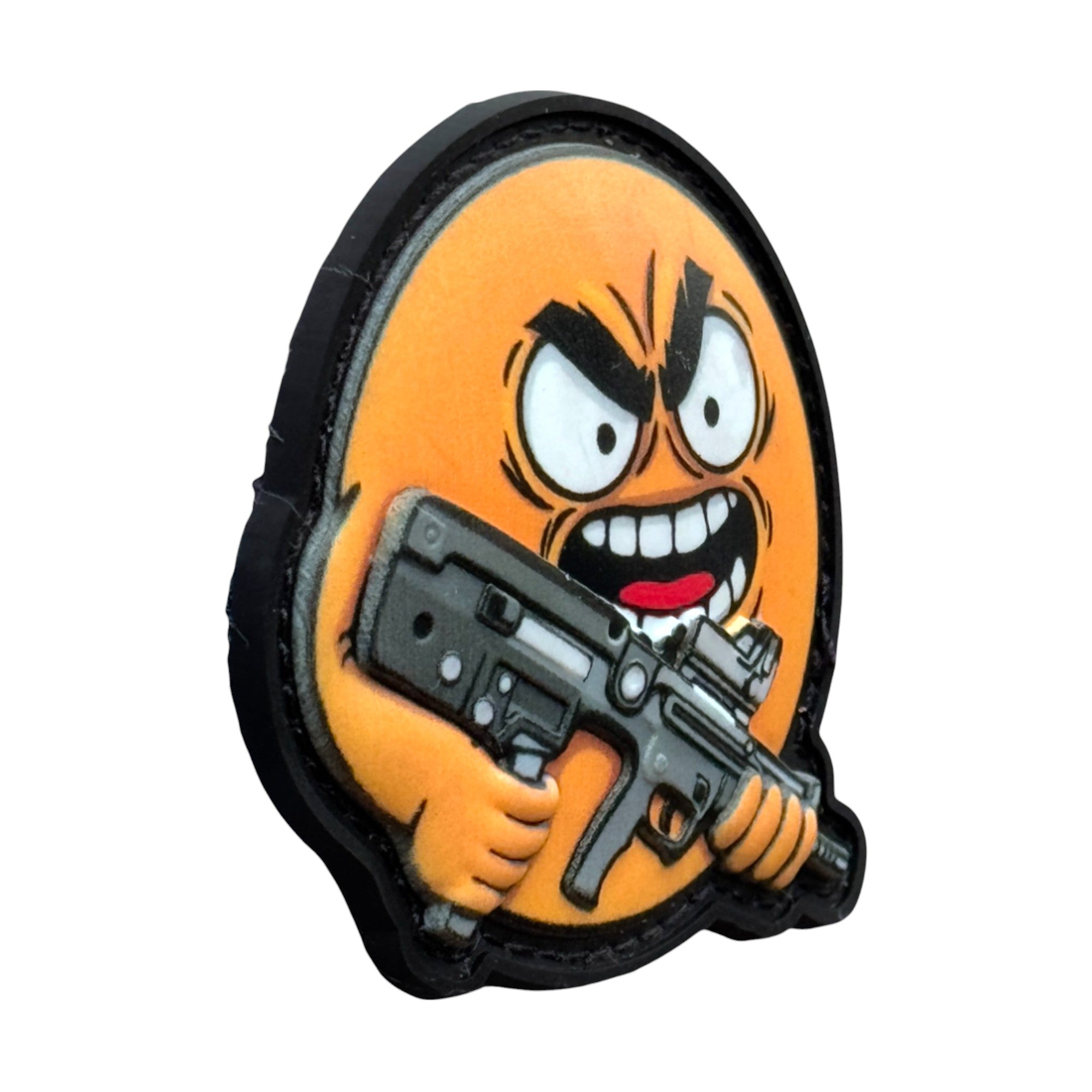 Angry yellow emoji holding a rifle on a tactical military 3D PVC Hook and loop patch. Side view. Ideal for adding a unique and fun touch to your gear