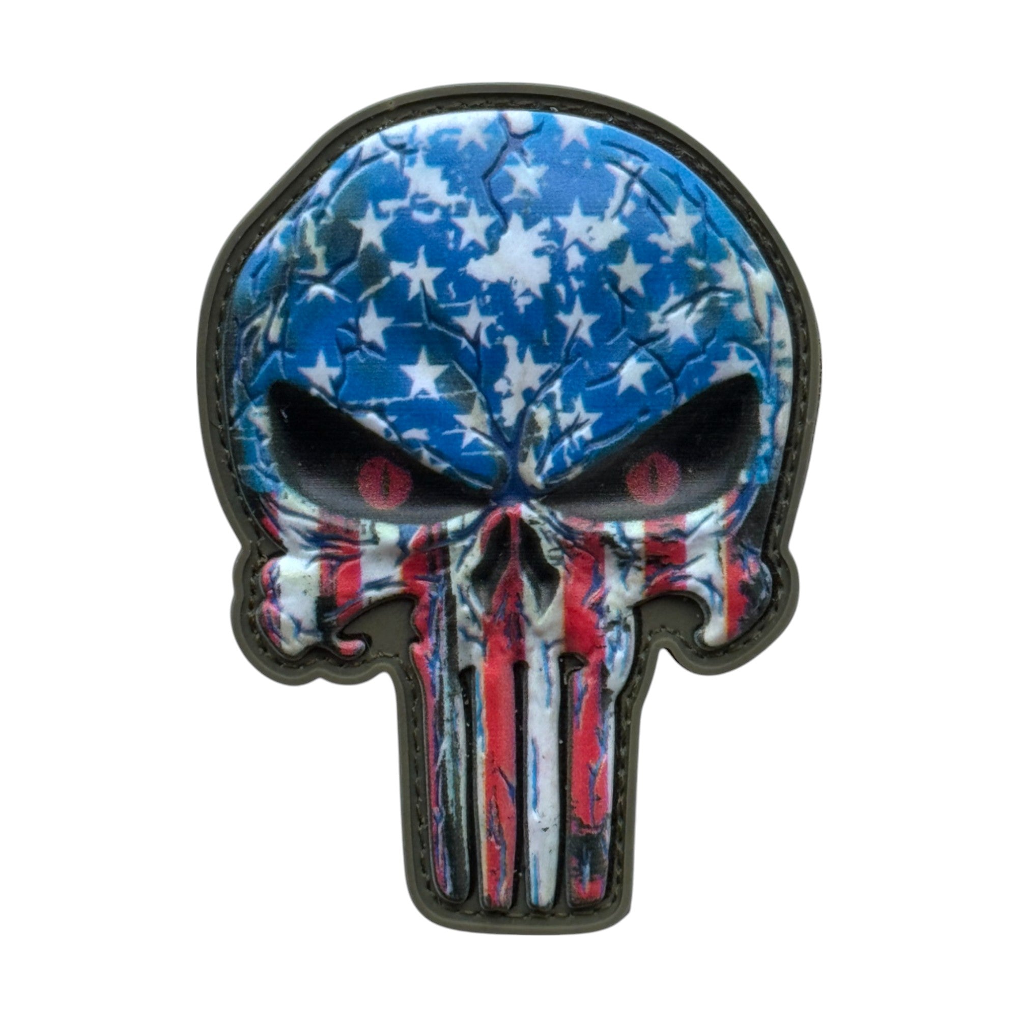 Big punisher Skull with USA flag camo on a tactical military 3D PVC Hook and loop patch. Ideal for adding a unique and fun touch to your gear.