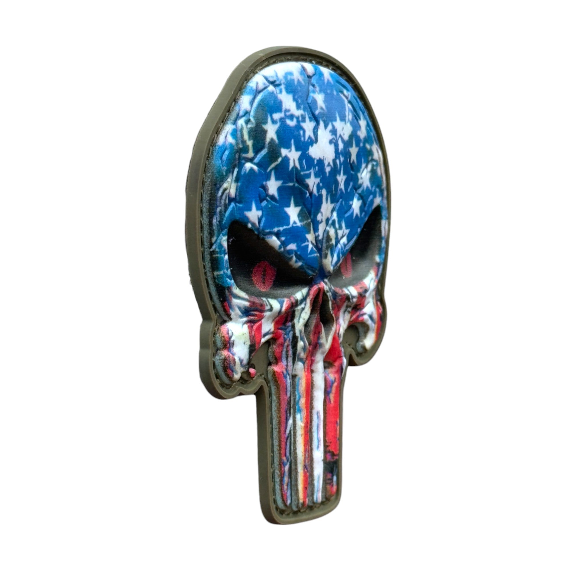 Big punisher Skull with USA flag camo on a tactical military 3D PVC Hook and loop patch. Side view. Ideal for adding a unique and fun touch to your gear.