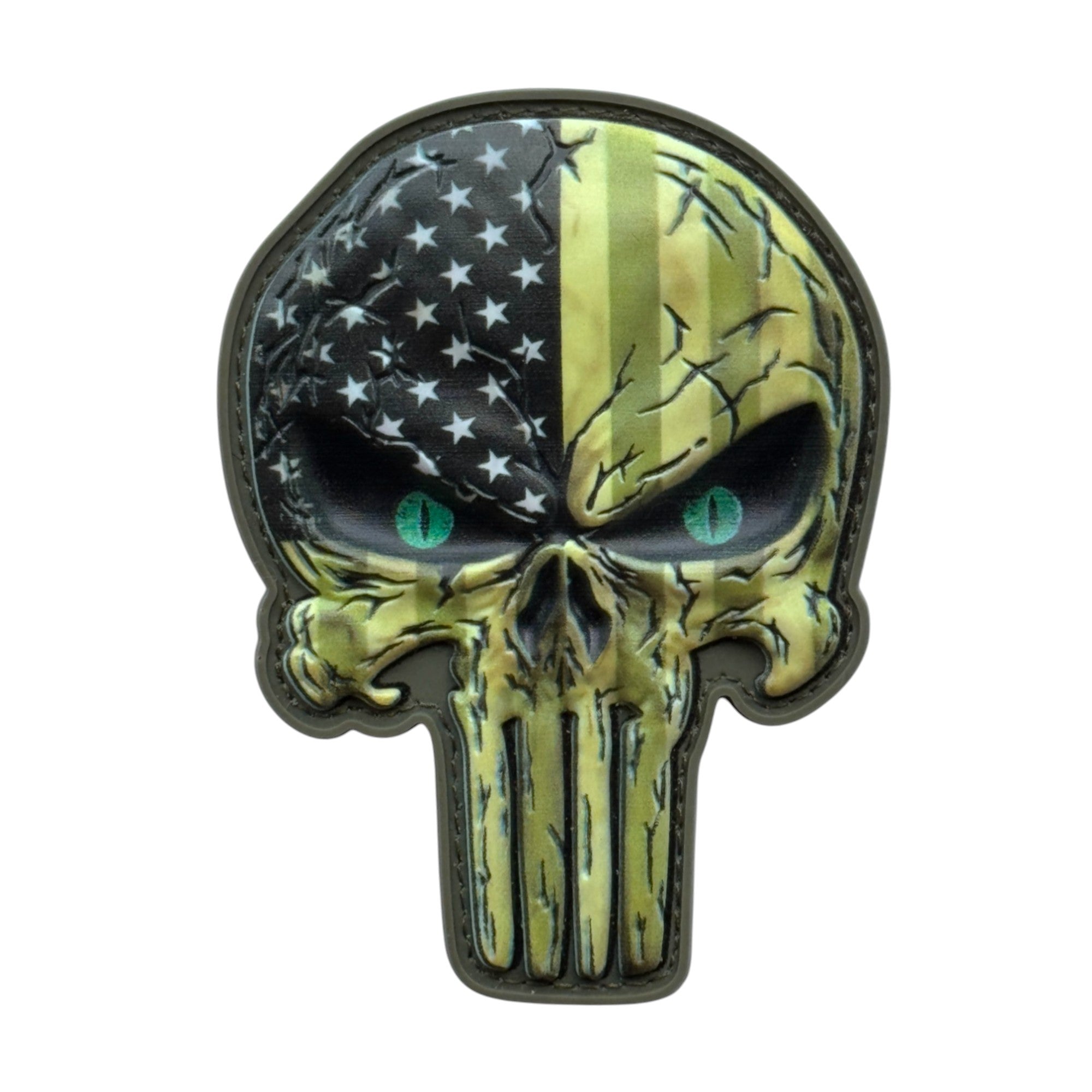 Big green eyed punisher Skull with USA flag camo on a tactical military 3D PVC Hook and loop patch. Ideal for adding a unique and fun touch to your gear.