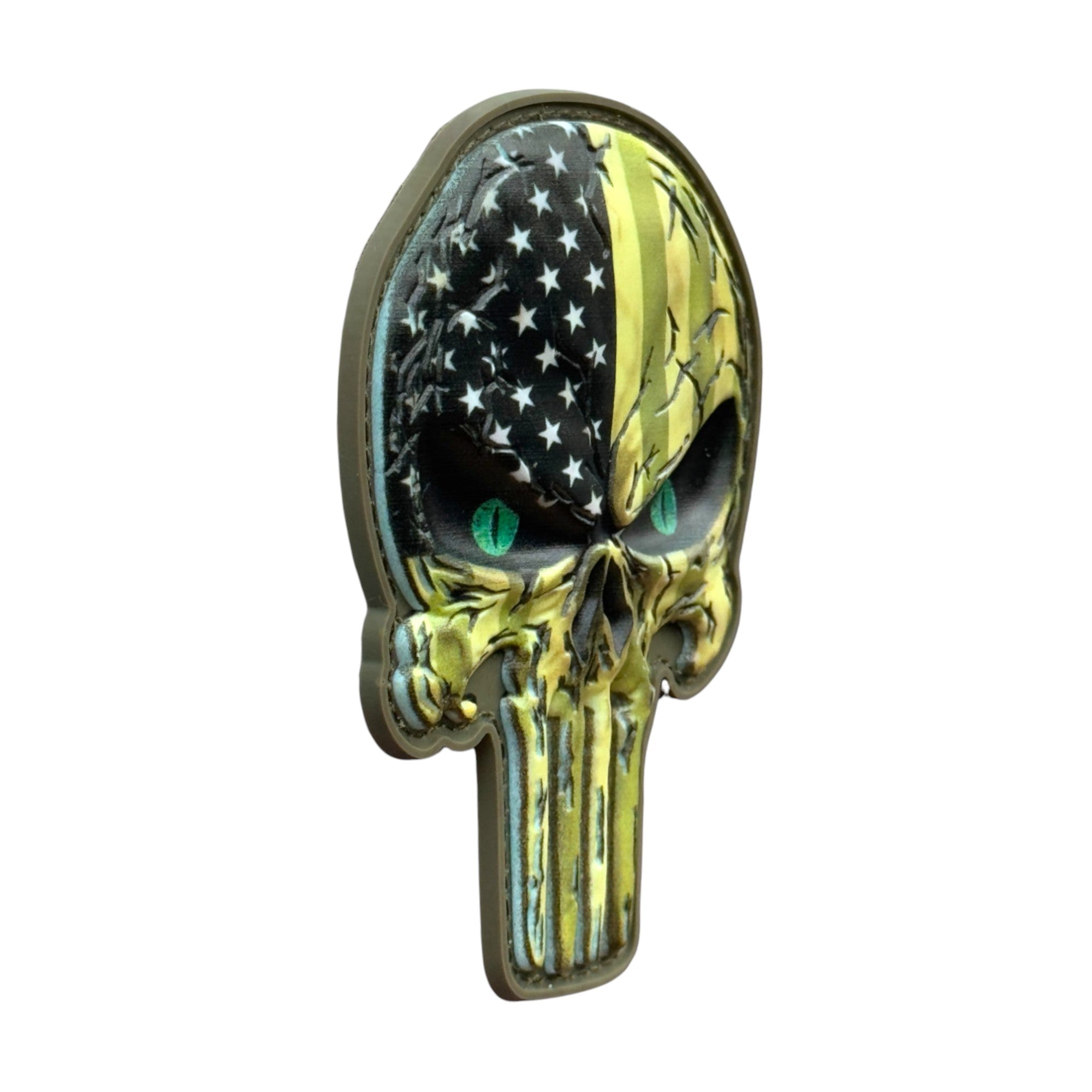 Big green eyed punisher Skull with USA flag camo on a tactical military 3D PVC Hook and loop patch. Side view. Ideal for adding a unique and fun touch to your gear.