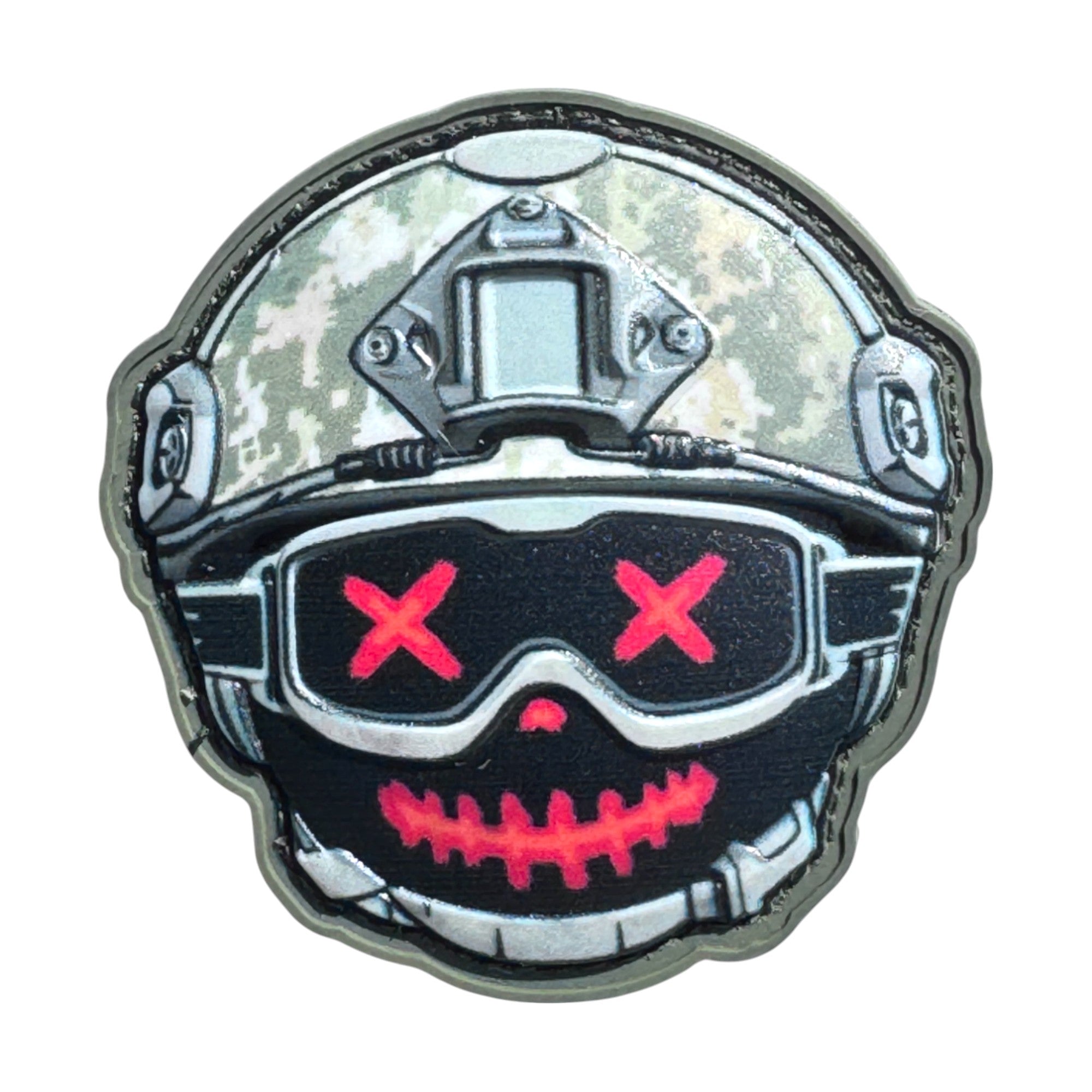Black face and crossed eyes emoji wearing a combat helmet on a tactical military 3D PVC Hook and loop patch. Ideal for adding a unique and fun touch to your gear.