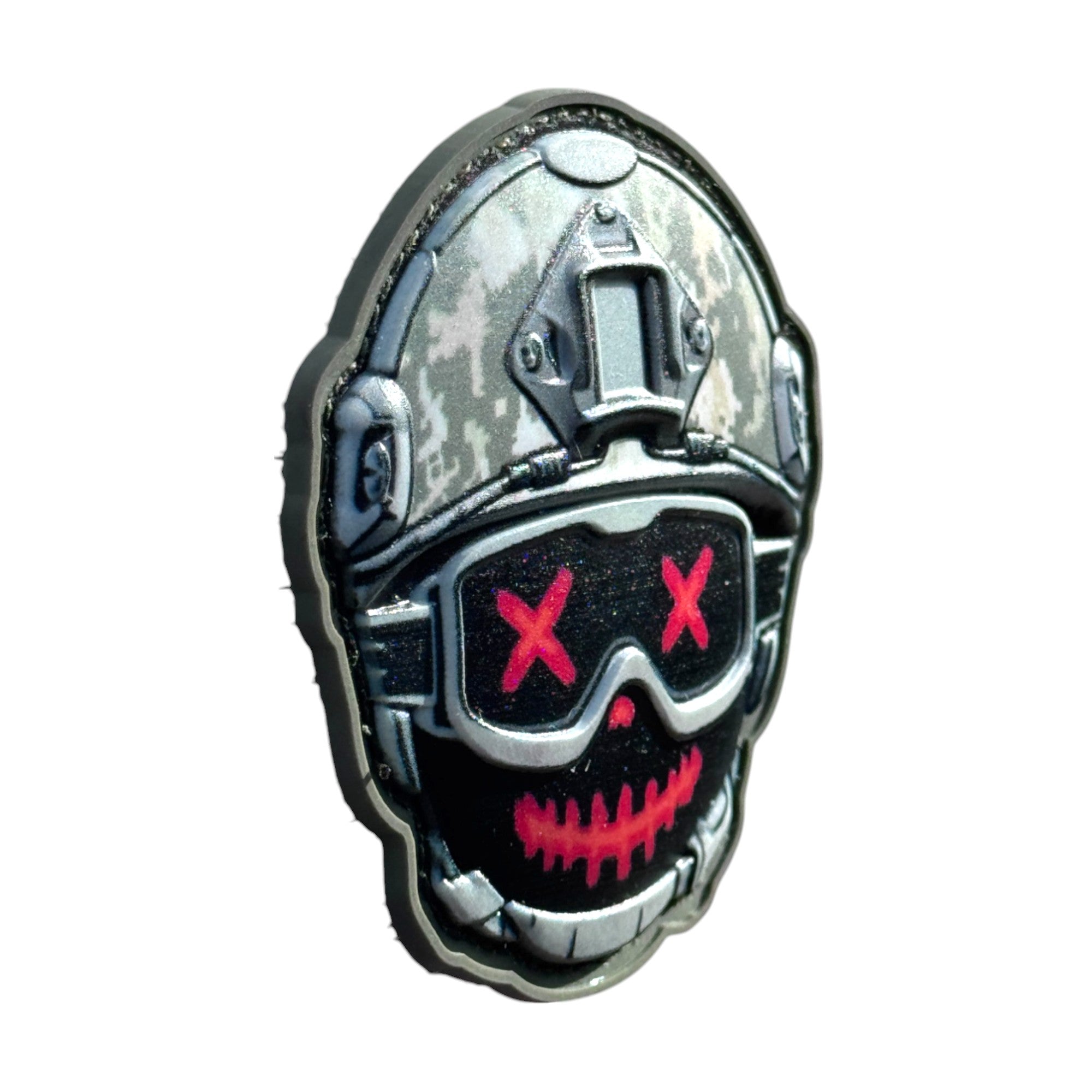 Black face and crossed eyes emoji wearing a combat helmet on a tactical military 3D PVC Hook and loop patch. Side view. Ideal for adding a unique and fun touch to your gear.