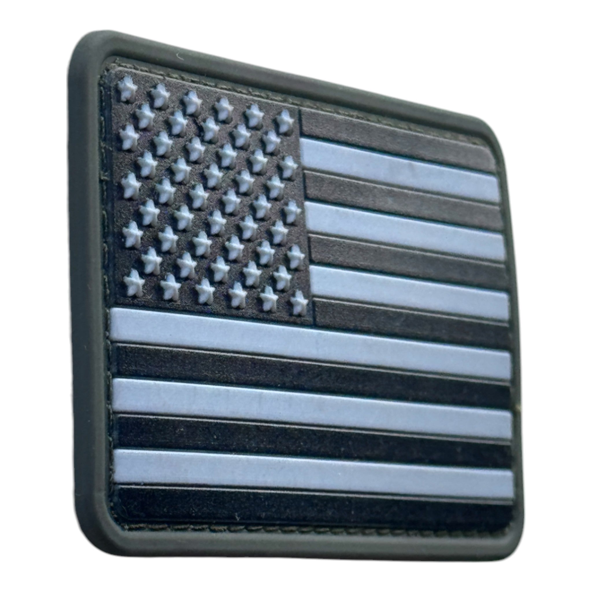 Black/green USA Flag on tactical military 3D PVC Hook and loop patch. Side view