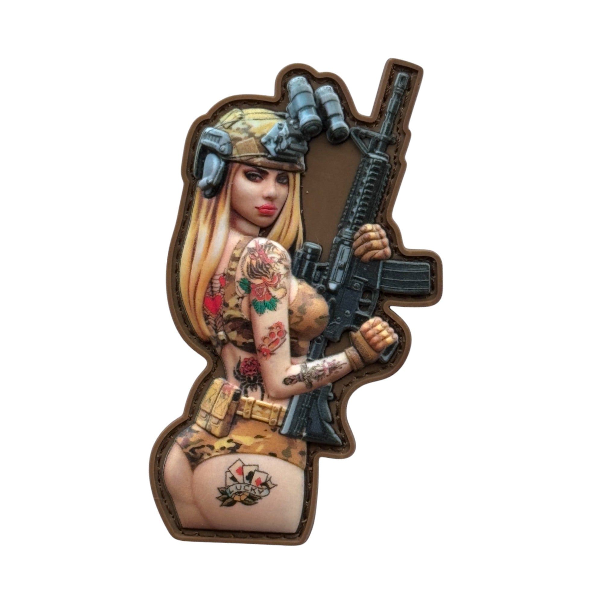 Blonde Pinup girl in multicolor tattoos and rifle in hand. wearing helmet. tactical military 3D PVC Hook and loop patch.