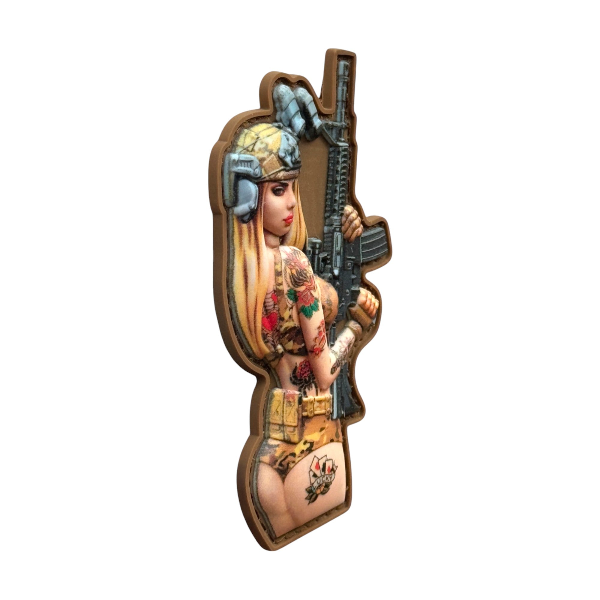 Blonde Pinup girl in multicolor tattoos and rifle in hand. wearing helmet. tactical military 3D PVC Hook and loop patch. Side view