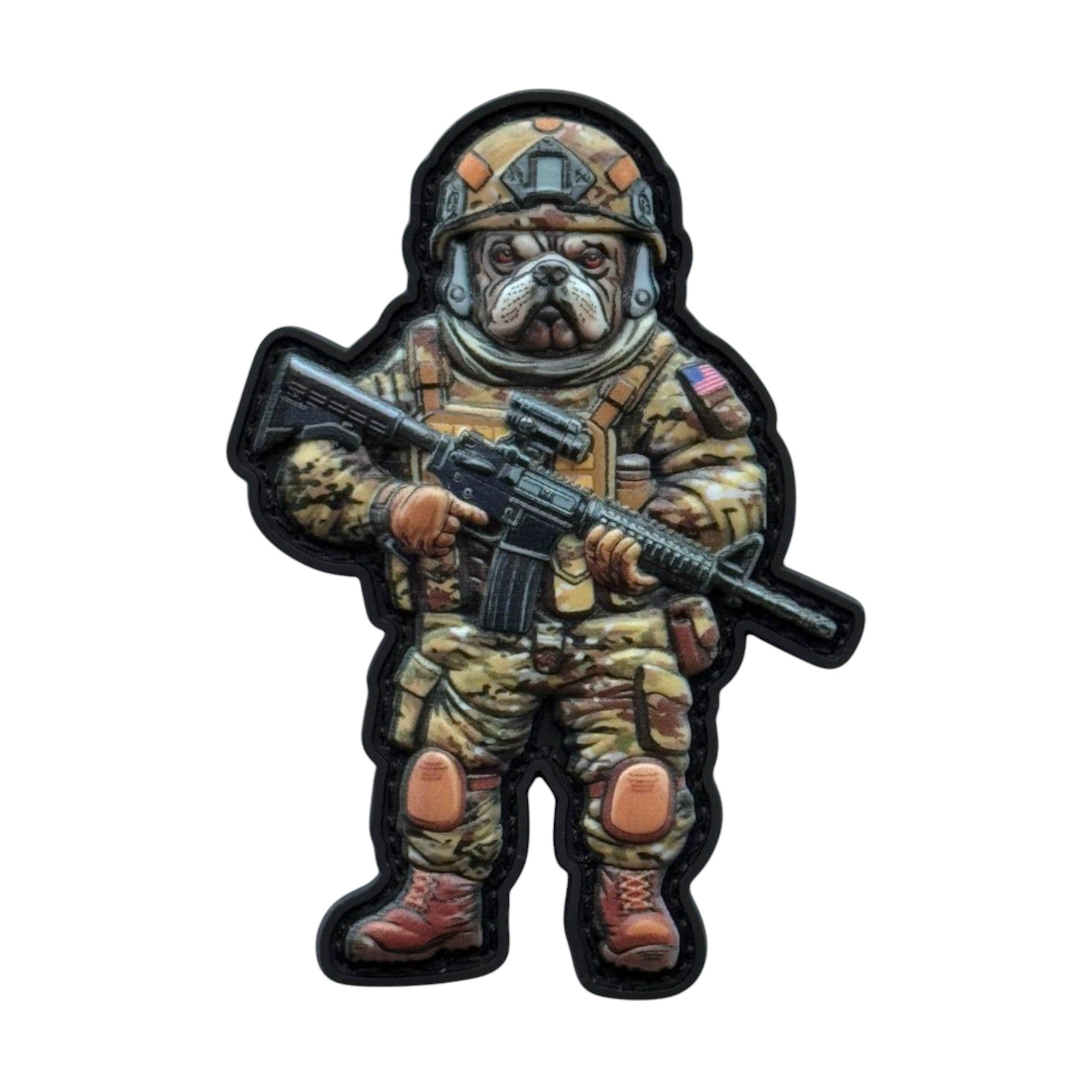 Bulldog in a human body wearing a tactical outfit and holding a rifle on a tactical military 3D PVC Hook and loop patch. Ideal for adding a unique and fun touch to your gear