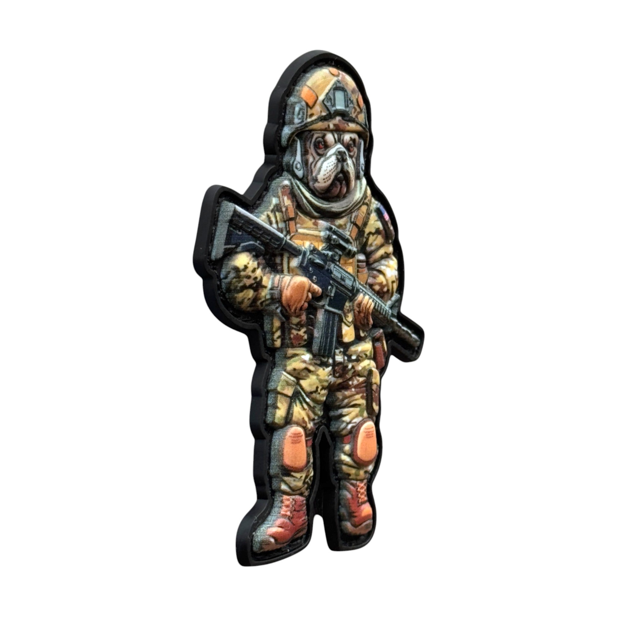 Bulldog in a human body wearing a tactical outfit and holding a rifle on a tactical military 3D PVC Hook and loop patch. Side view. Ideal for adding a unique and fun touch to your gear