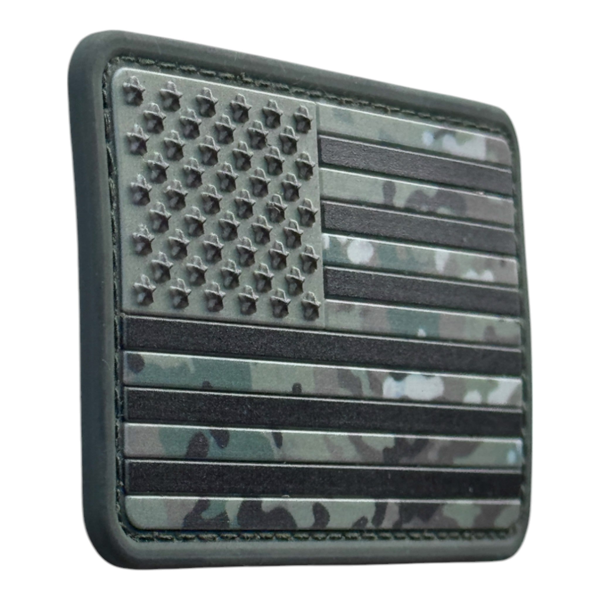 Camo USA Flag on tactical military 3D PVC Hook and loop patch. Side view