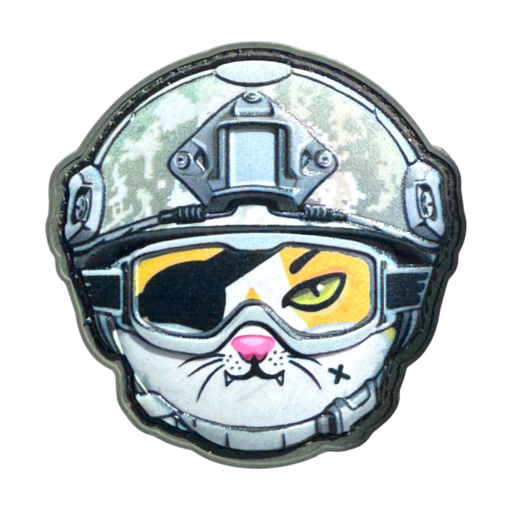 Cat emoji with eye patch wearing a combat helmet on a tactical military 3D PVC Hook and loop patch. Ideal for adding a unique and fun touch to your gear.