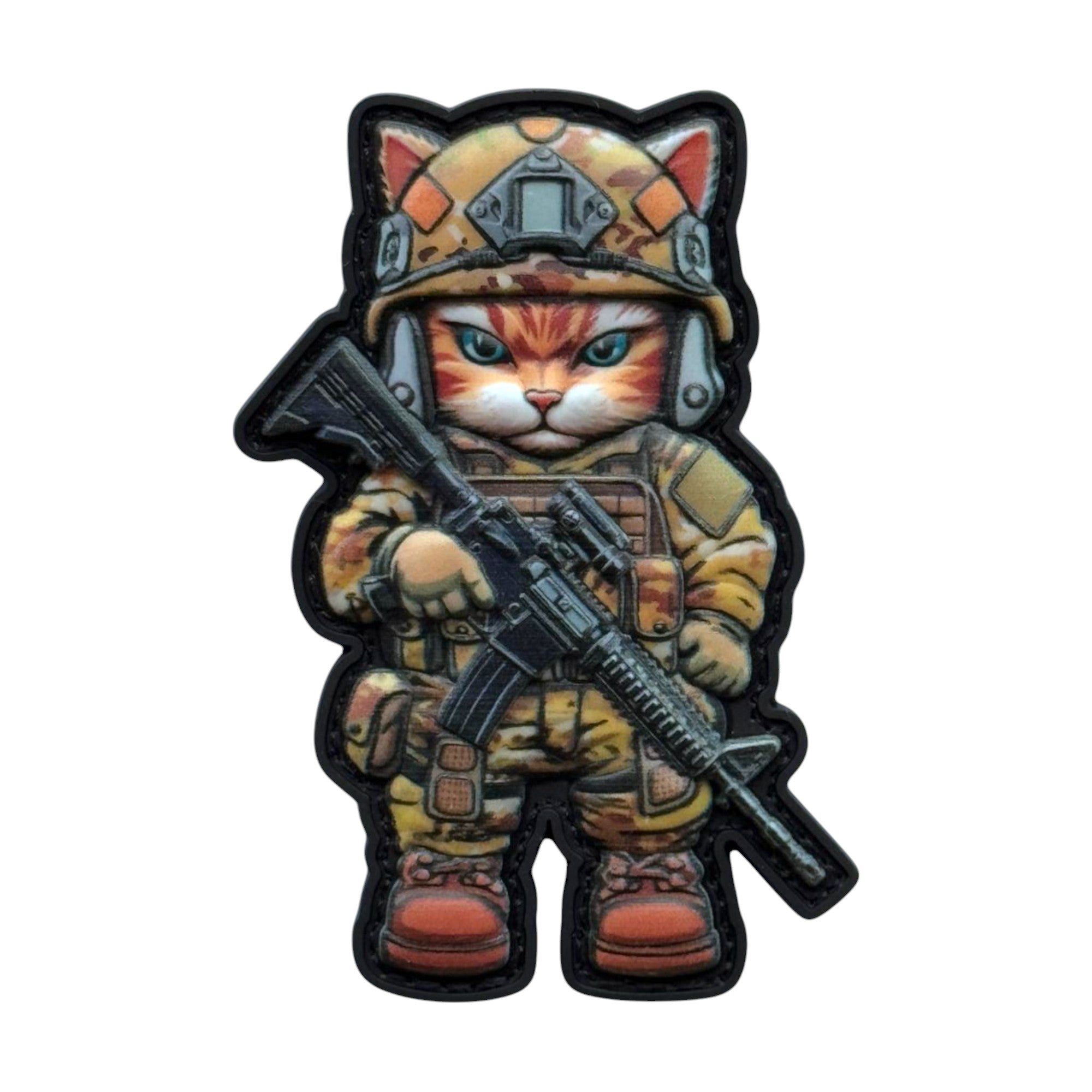 Cat with blue eyes in a human body wearing a tactical outfit and holding a rifle on a tactical military 3D PVC Hook and loop patch. Ideal for adding a unique and fun touch to your gear