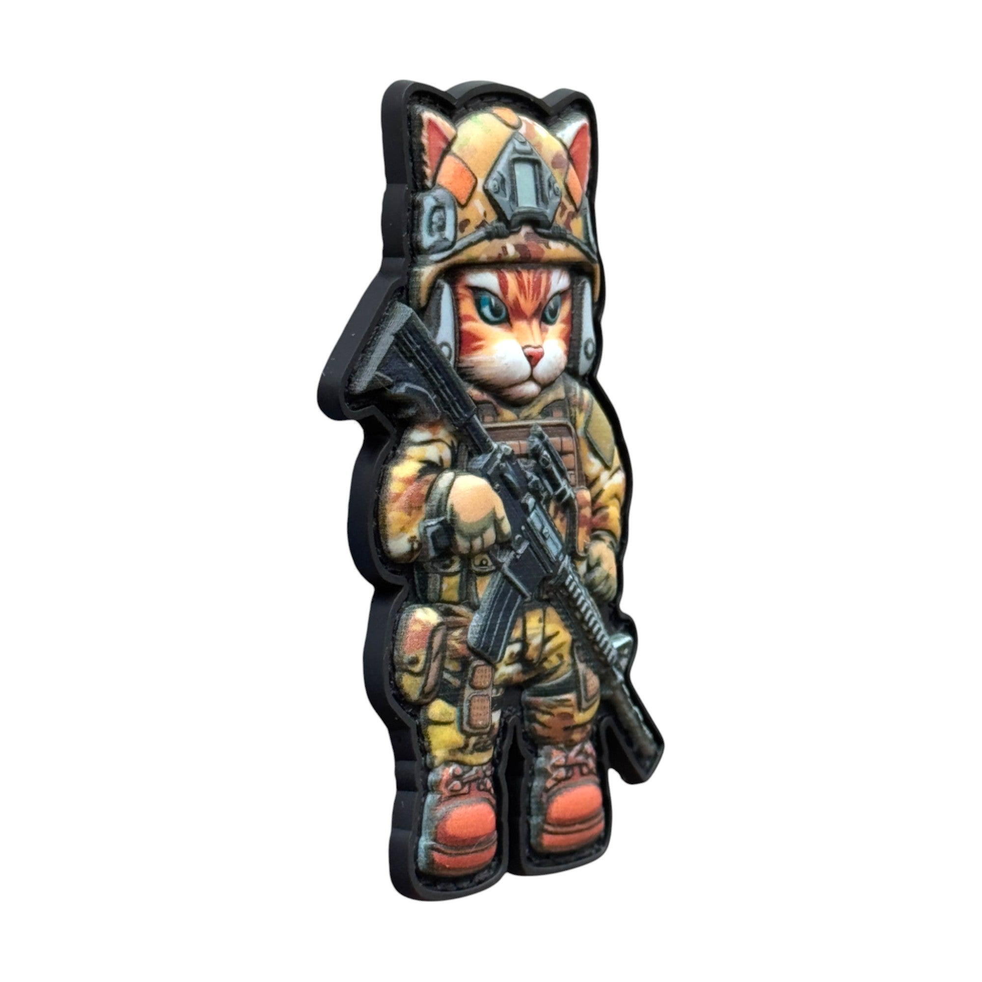 Cat with blue eyes in a human body wearing a tactical outfit and holding a rifle on a tactical military 3D PVC Hook and loop patch. Side view. Ideal for adding a unique and fun touch to your gear