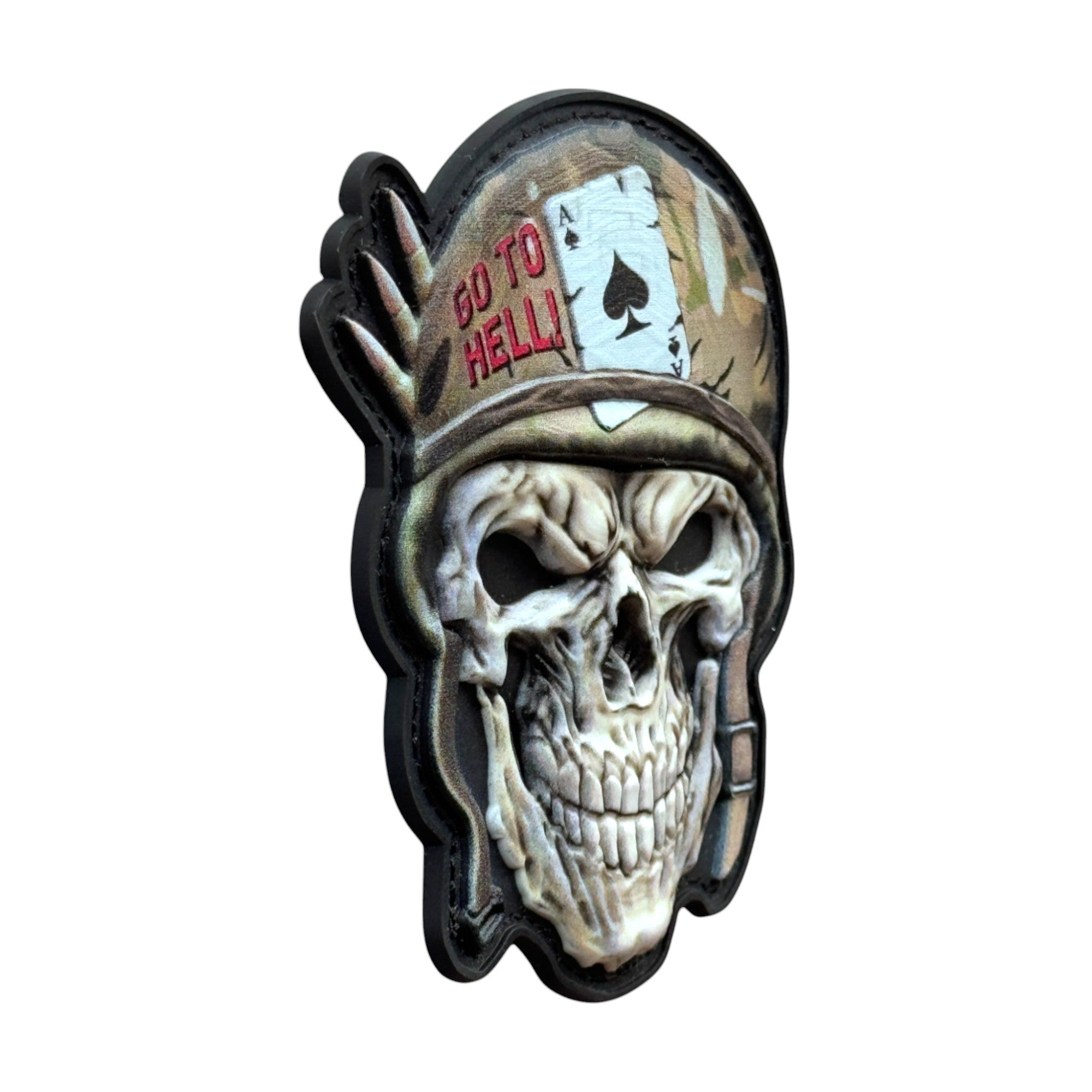 Daring Player "go yo hell!" 3D PVC Velcro patch with hook and loop backing. Side view