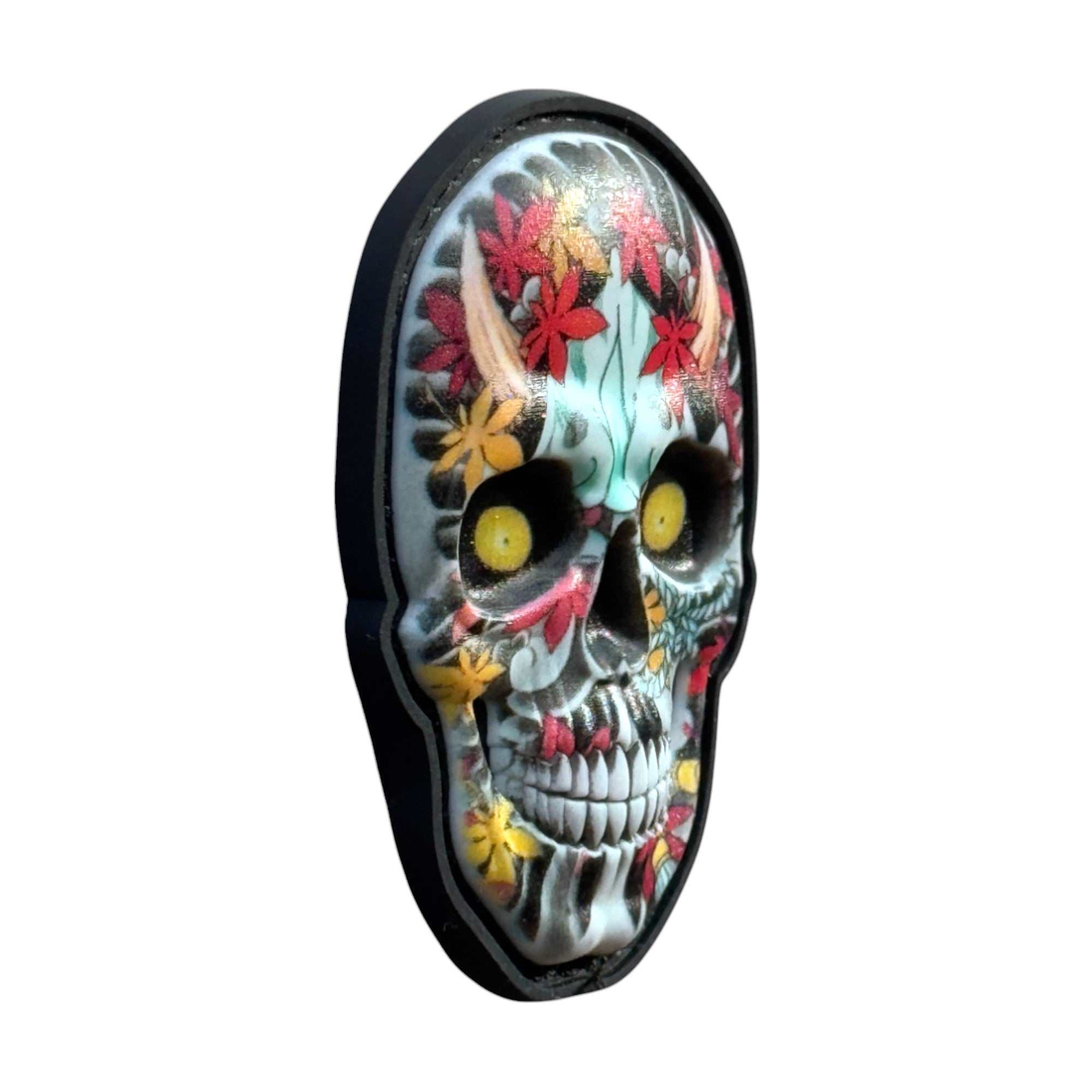 Devil multicolor Mexican skull on tactical military 3D PVC Hook and loop patch. Side view