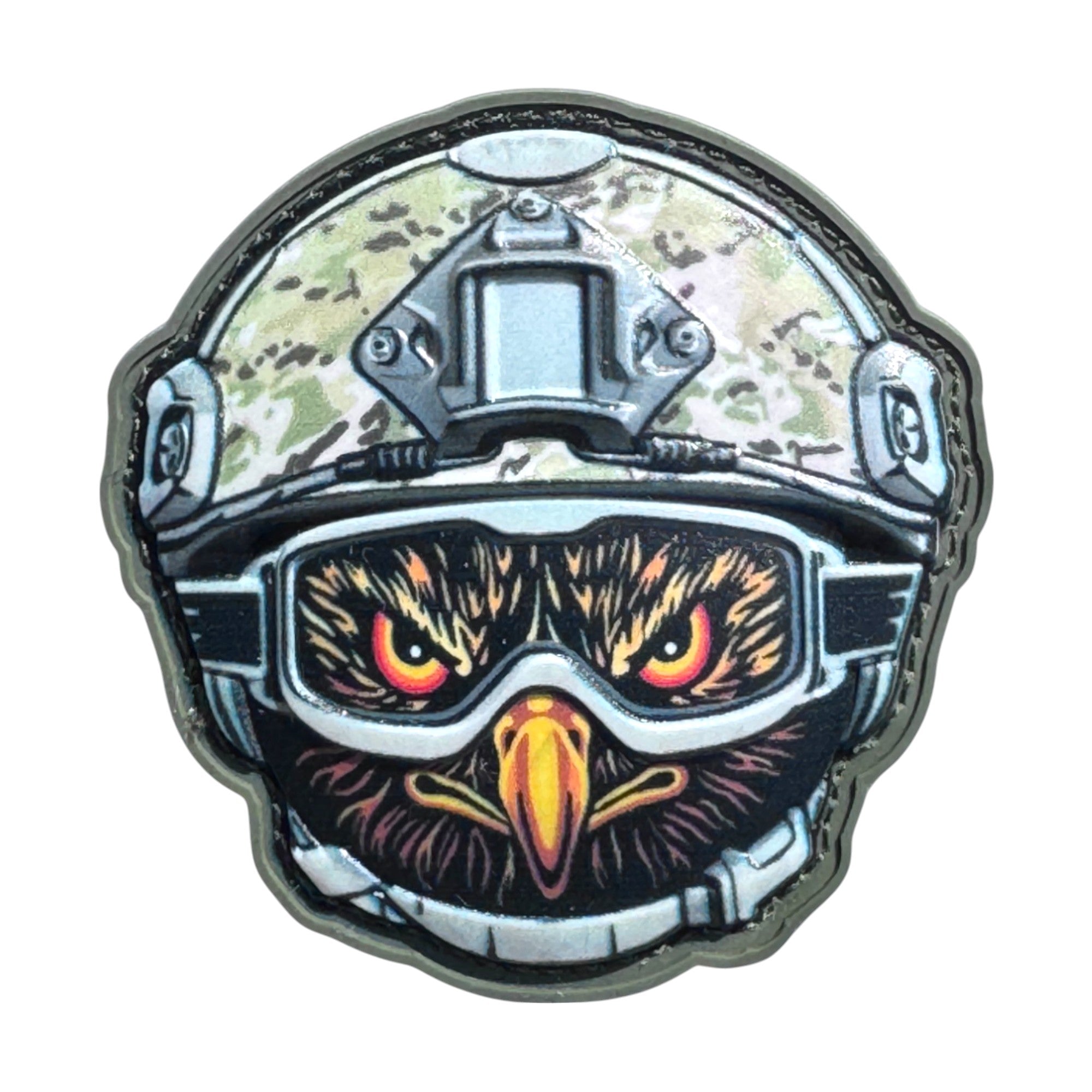Angry eagle emoji with yellow eyes wearing a combat helmet on a tactical military 3D PVC Hook and loop patch. Ideal for adding a unique and fun touch to your gear.