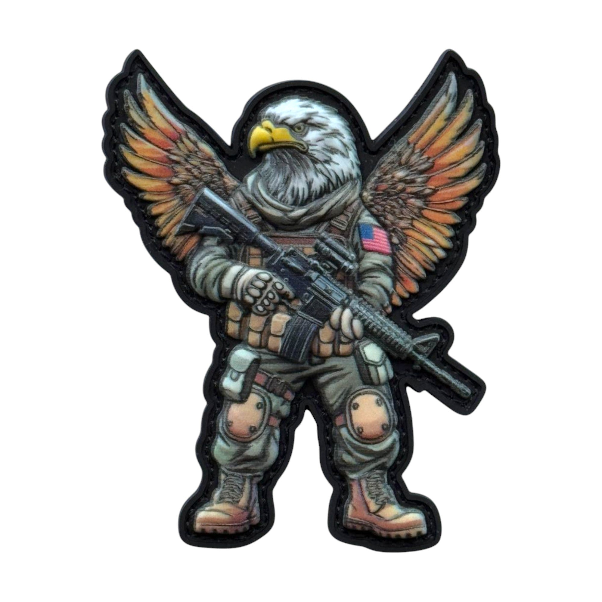 Eagle in a human body wearing a tactical outfit and holding a rifle on a tactical military 3D PVC Hook and loop patch. Ideal for adding a unique and fun touch to your gear.