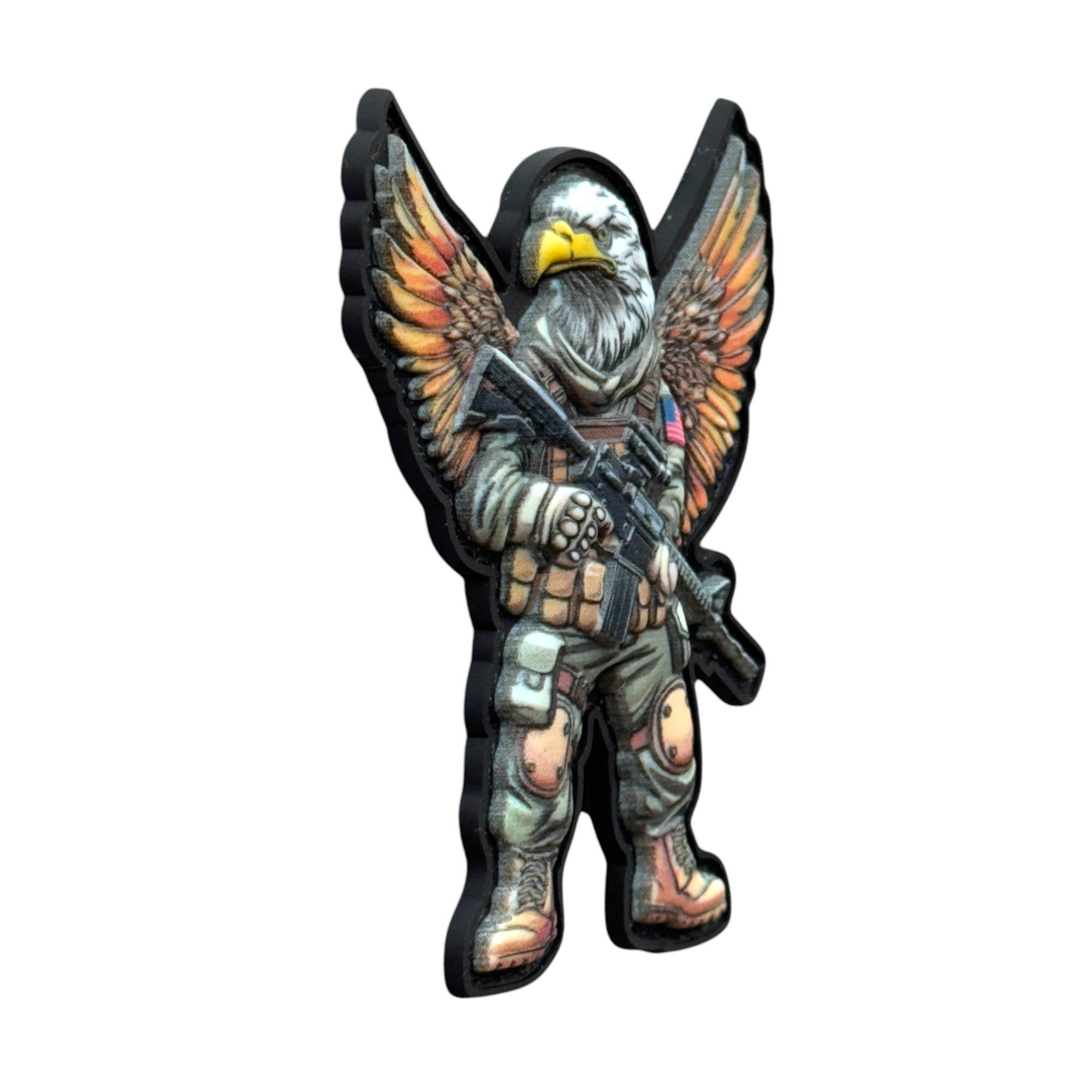 Eagle in a human body wearing a tactical outfit and holding a rifle on a tactical military 3D PVC Hook and loop patch. Side view. Ideal for adding a unique and fun touch to your gear.