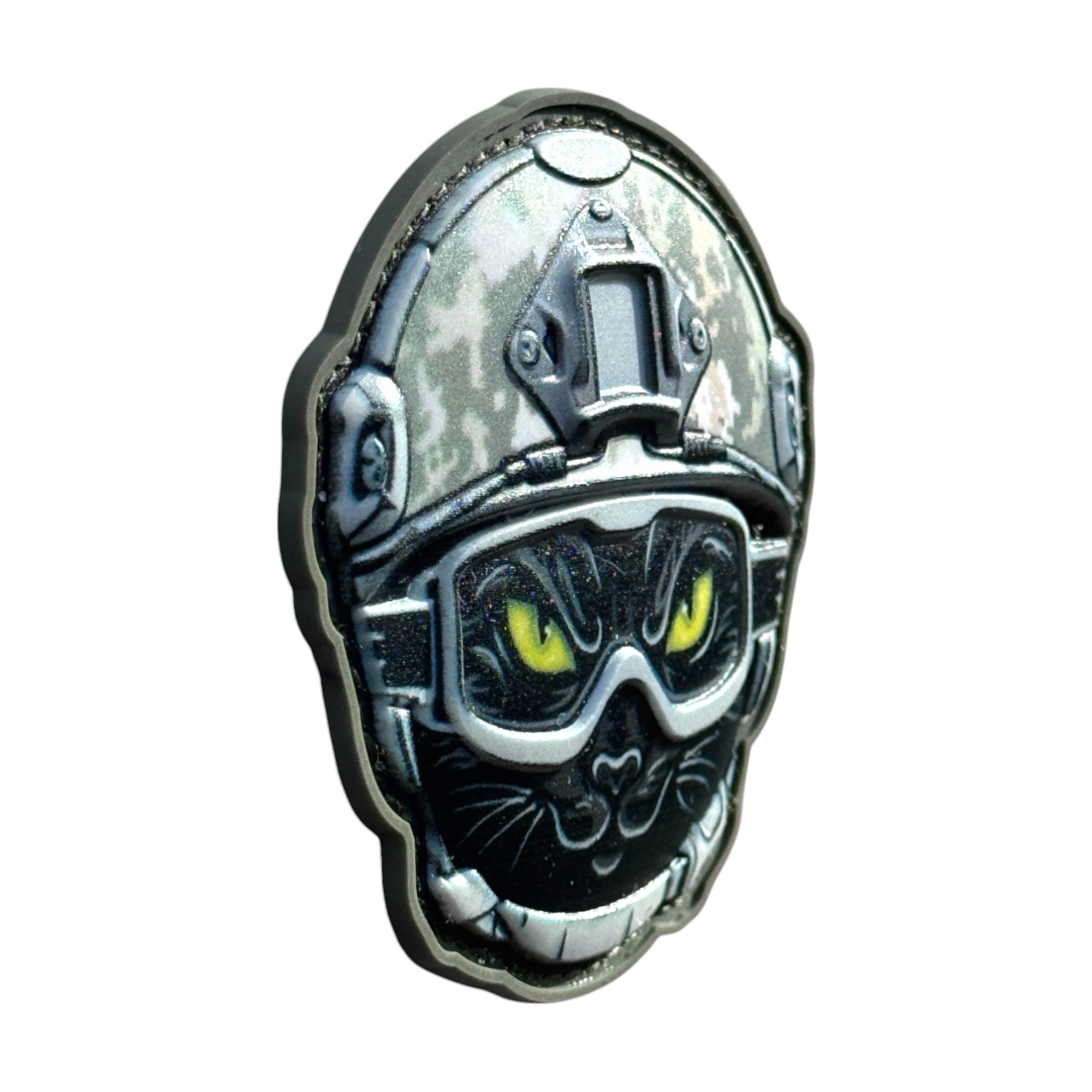 Black cat emoji with green eyes wearing a combat helmet, featured on a tactical military 3D PVC Hook and loop patch. side view Ideal for adding a unique and fun touch to your gear.
