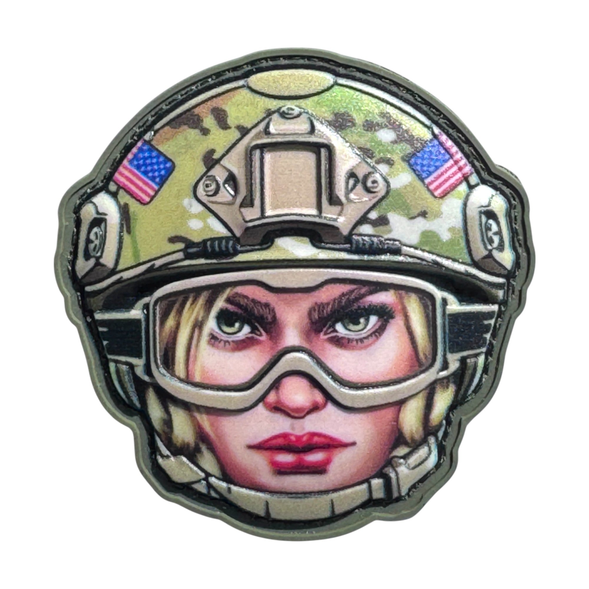 Female soldier emoji wearing a combat helmet on a tactical military 3D PVC Hook and loop patch. Ideal for adding a unique and fun touch to your gear.
