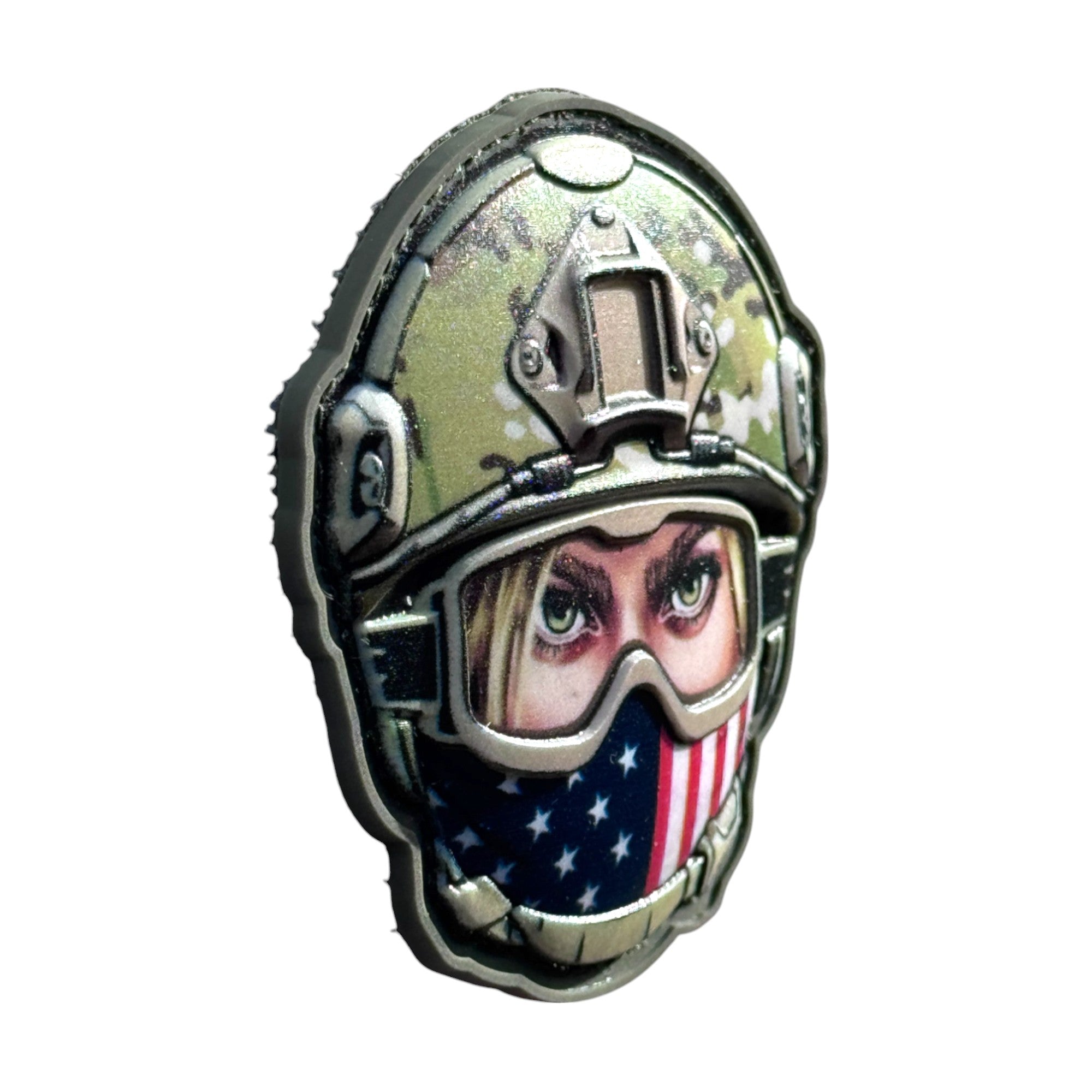 Female soldier with American flag emoji wearing a combat helmet on a tactical military 3D PVC Hook and loop patch. Side view. Ideal for adding a unique and fun touch to your gear.