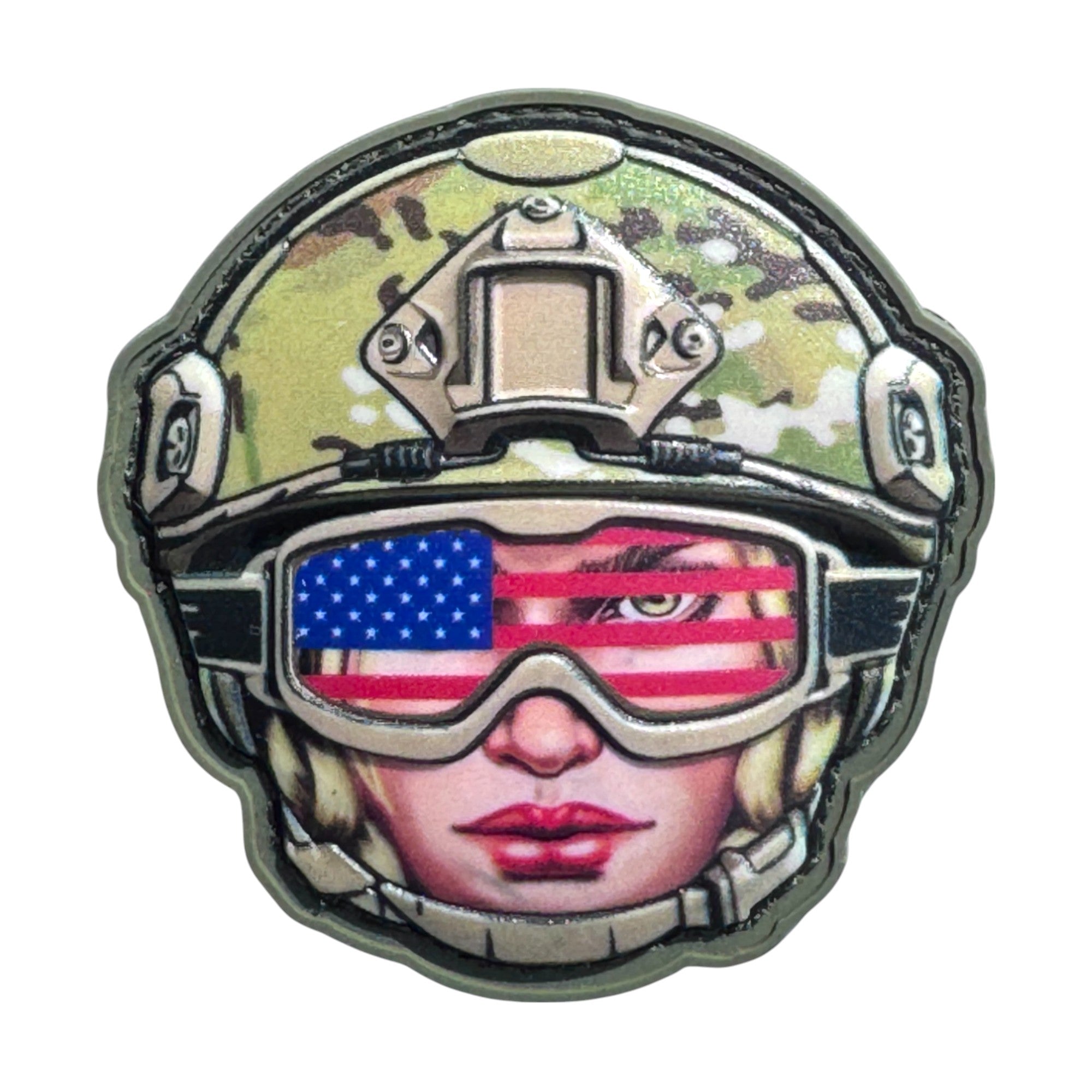 Female soldier with USA glasses emoji wearing a combat helmet on a tactical military 3D PVC Hook and loop patch. Ideal for adding a unique and fun touch to your gear.