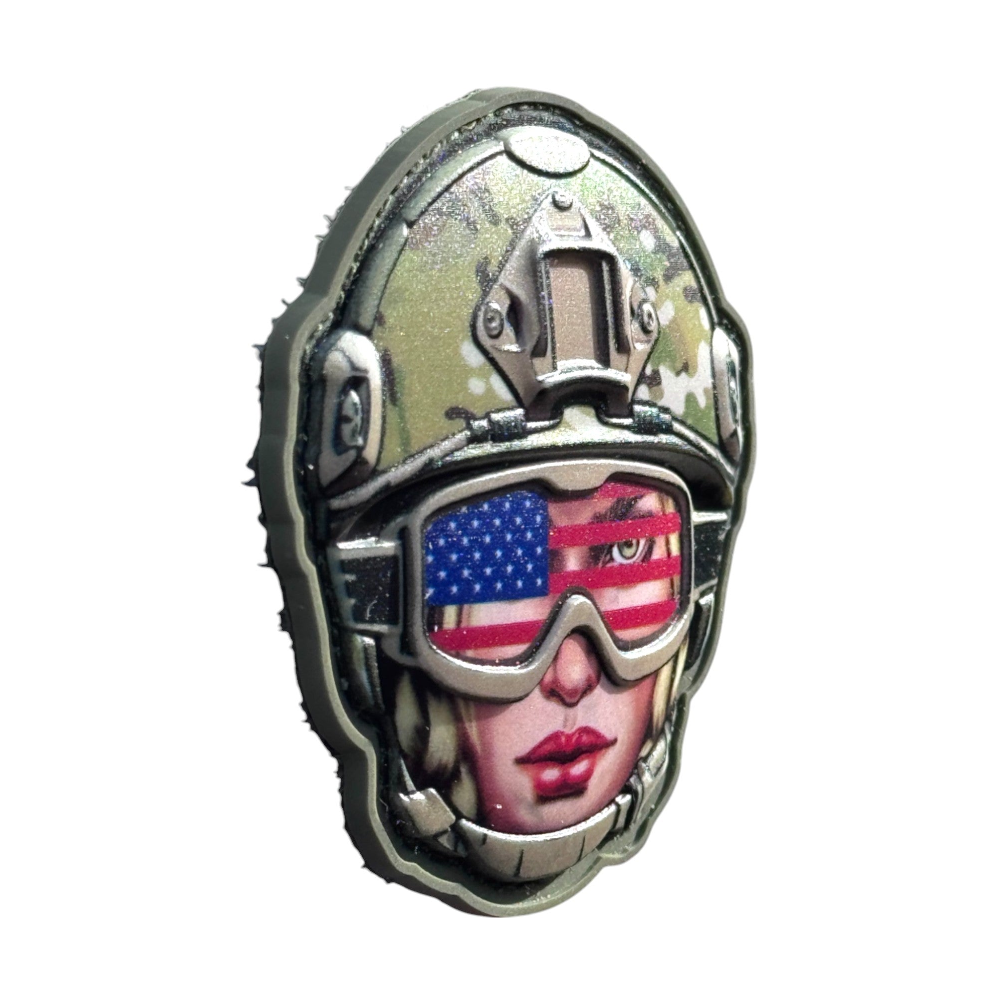 Female soldier with USA glasses emoji wearing a combat helmet on a tactical military 3D PVC Hook and loop patch. Side view. Ideal for adding a unique and fun touch to your gear.