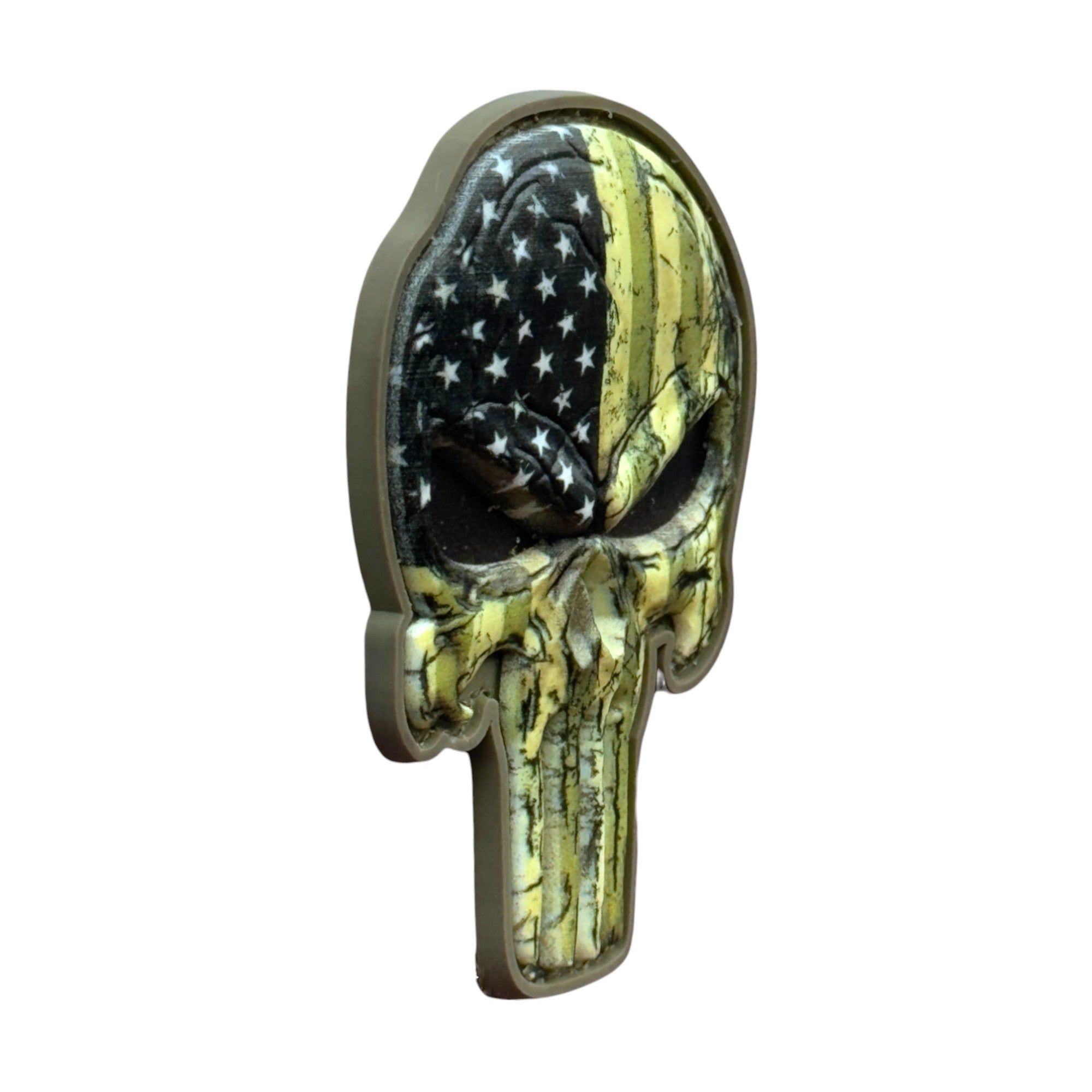 Green Punisher Skull with USA flag camo on a tactical military 3D PVC Hook and loop patch. Side view. Ideal for adding a unique and fun touch to your gear