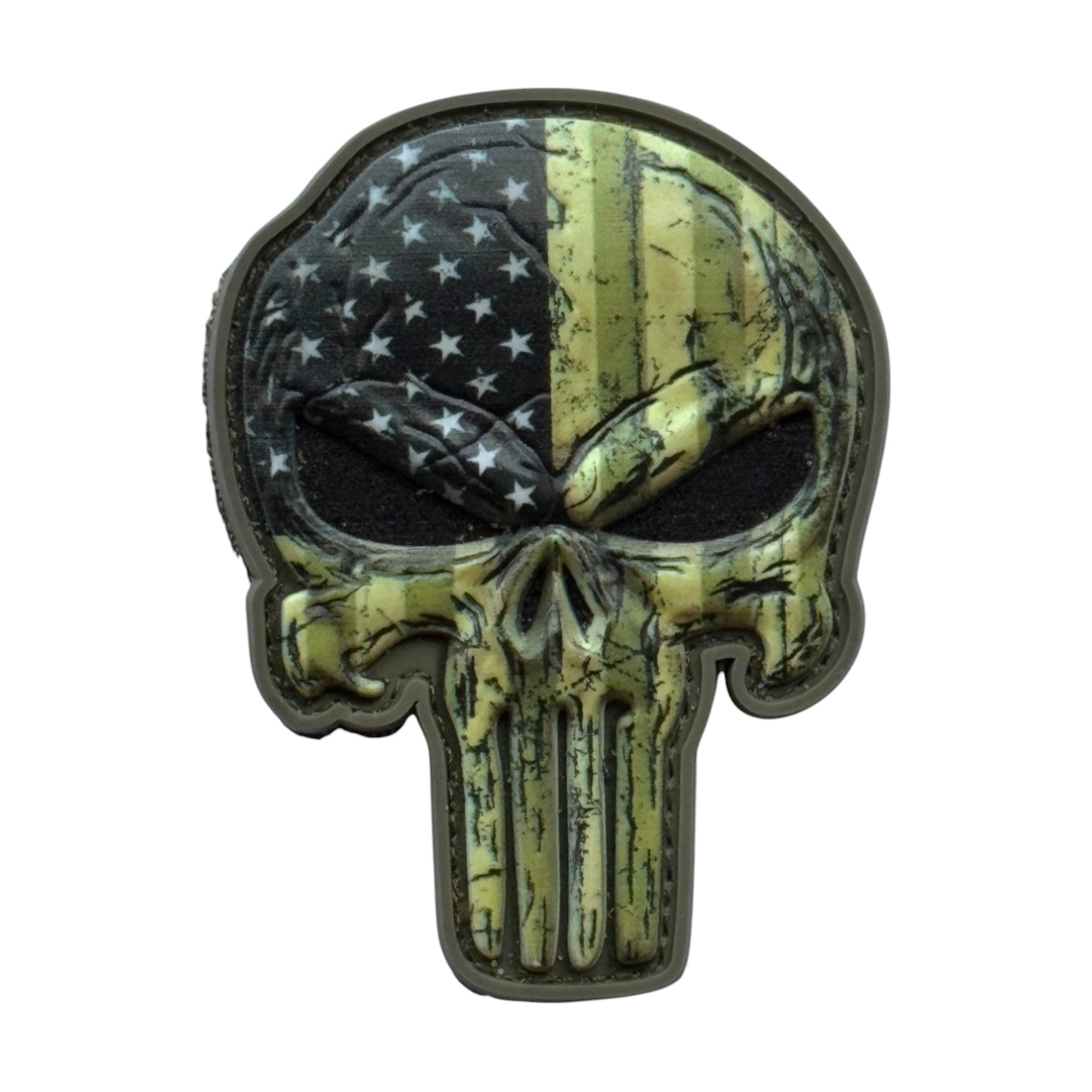 Green Punisher Skull with USA flag camo on a tactical military 3D PVC Hook and loop patch. Ideal for adding a unique and fun touch to your gear