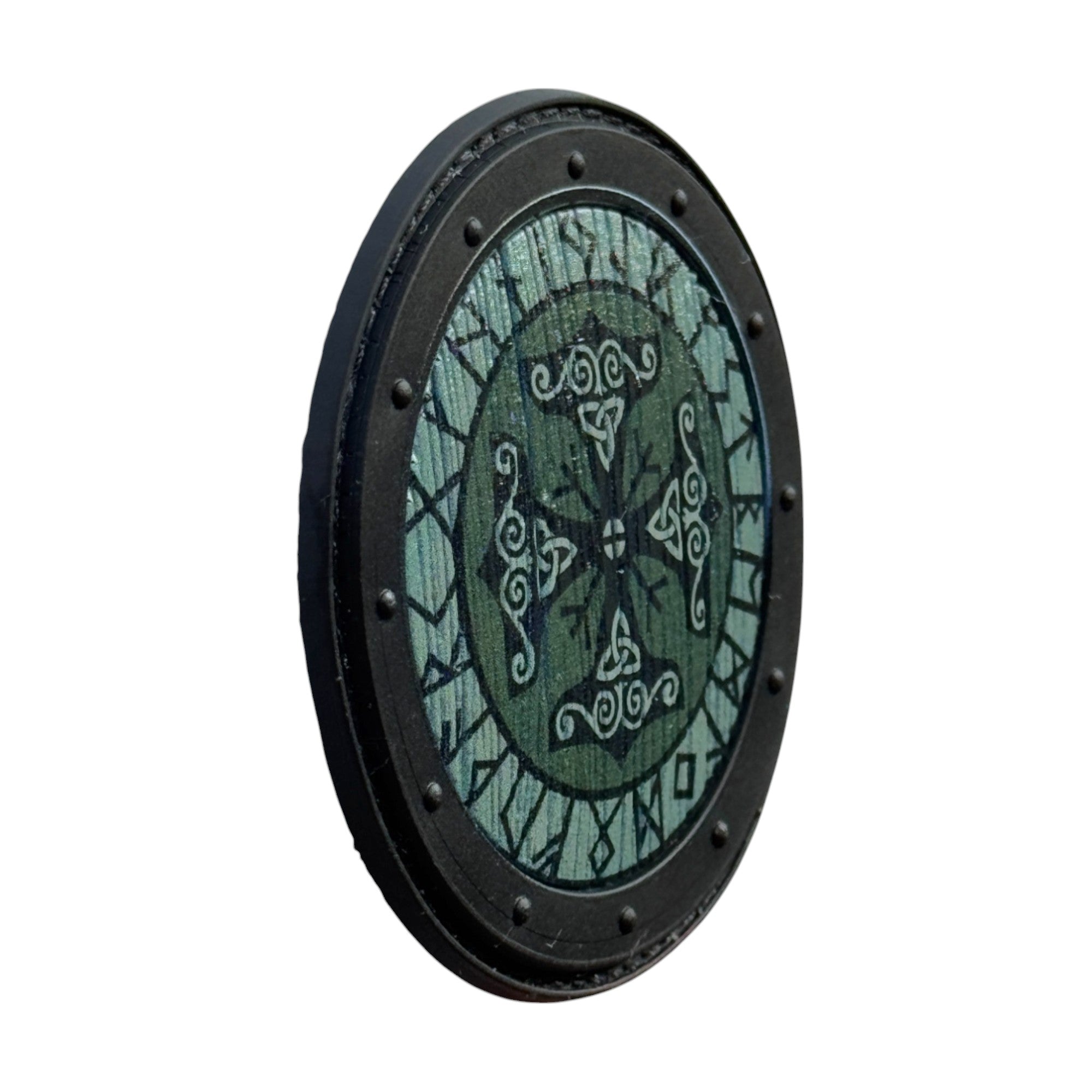 Green Viking cross on a circle tactical military 3D PVC Hook and loop patch. Side view