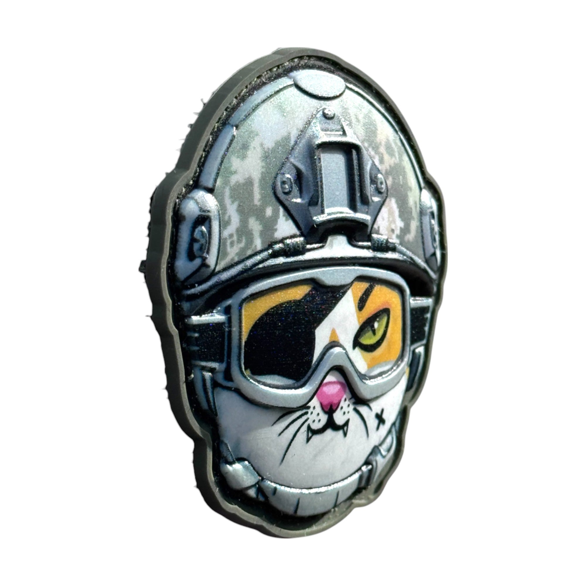 Cat emoji with eye patch wearing a combat helmet on a tactical military 3D PVC Hook and loop patch. side view. Ideal for adding a unique and fun touch to your gear.
