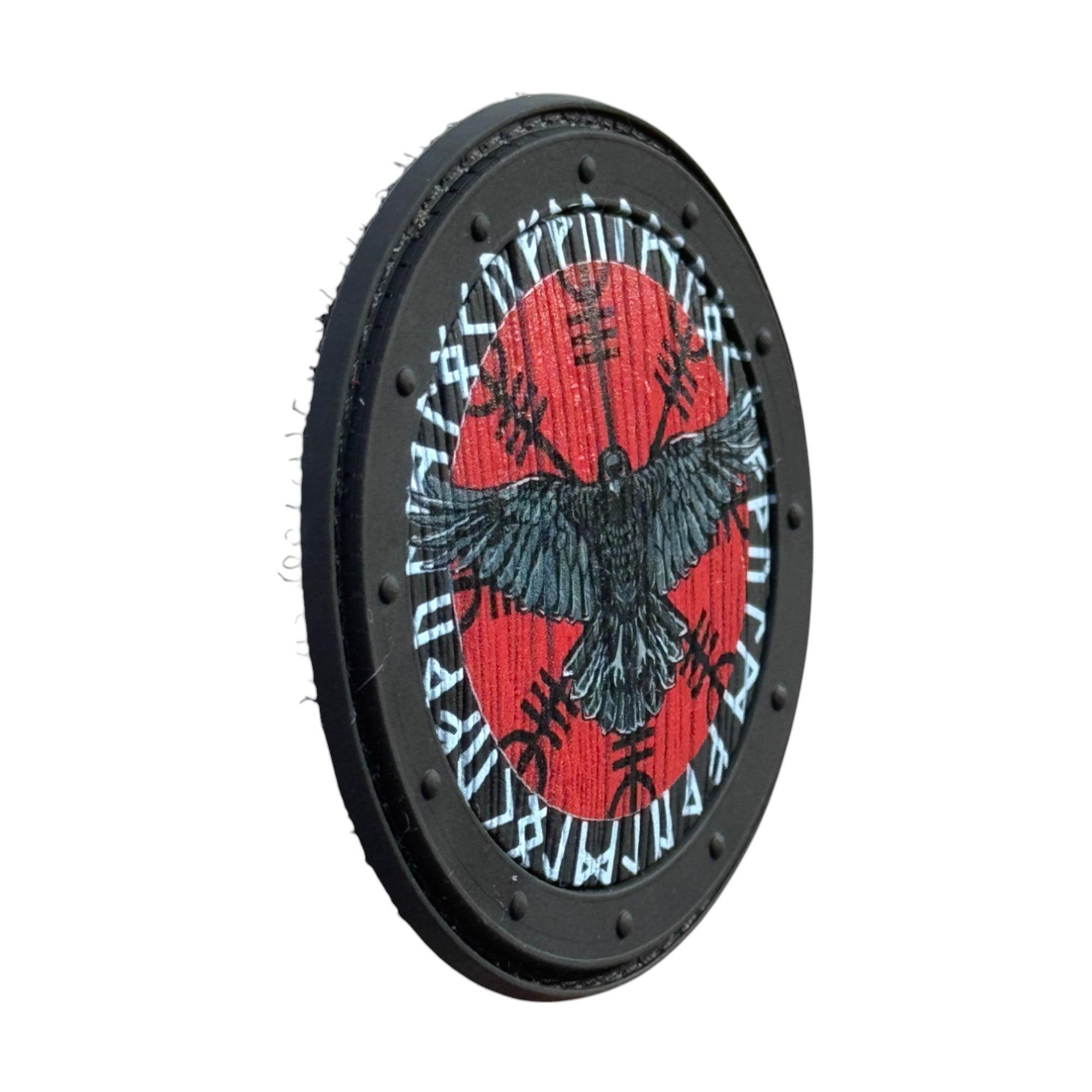 Viking raven on a circle tactical military 3D PVC Hook and loop patch. Side view