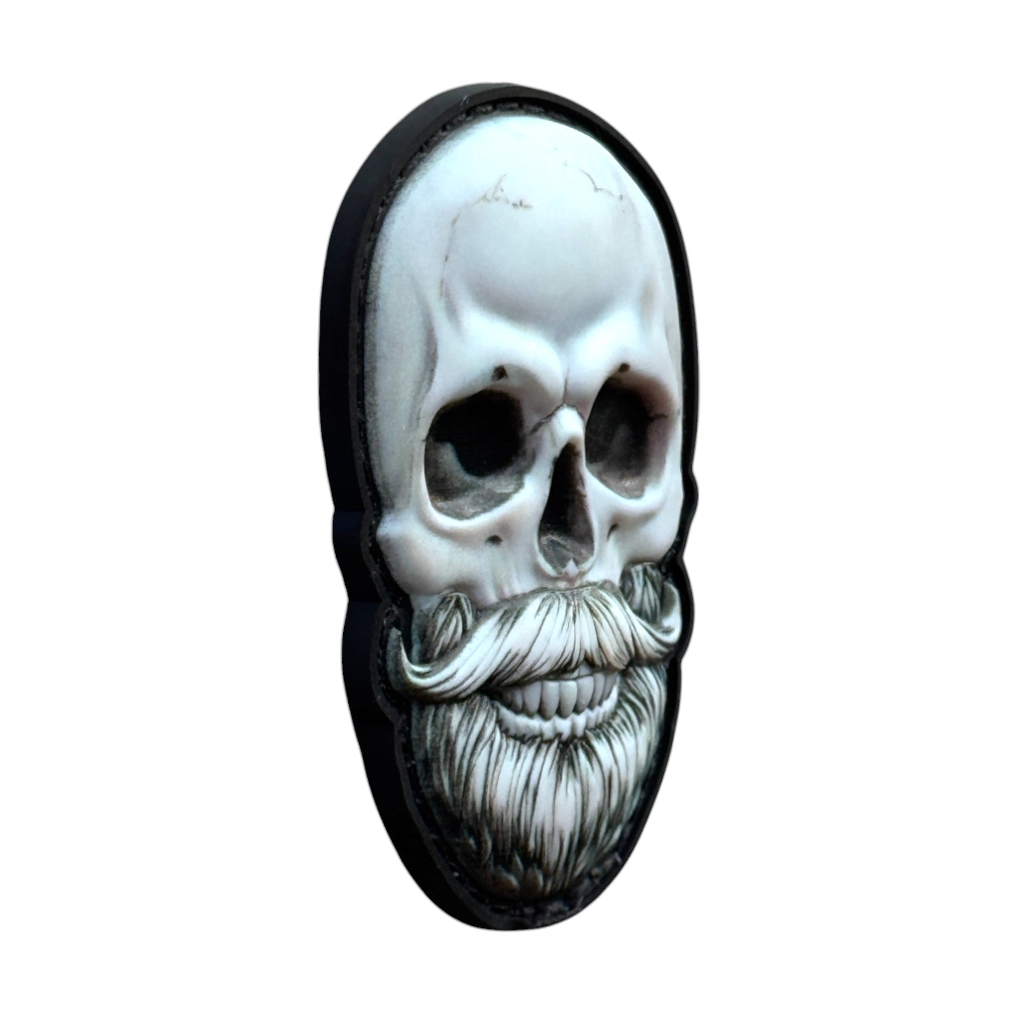 White black bearded skull on tactical military 3D PVC Hook and loop patch. Side view