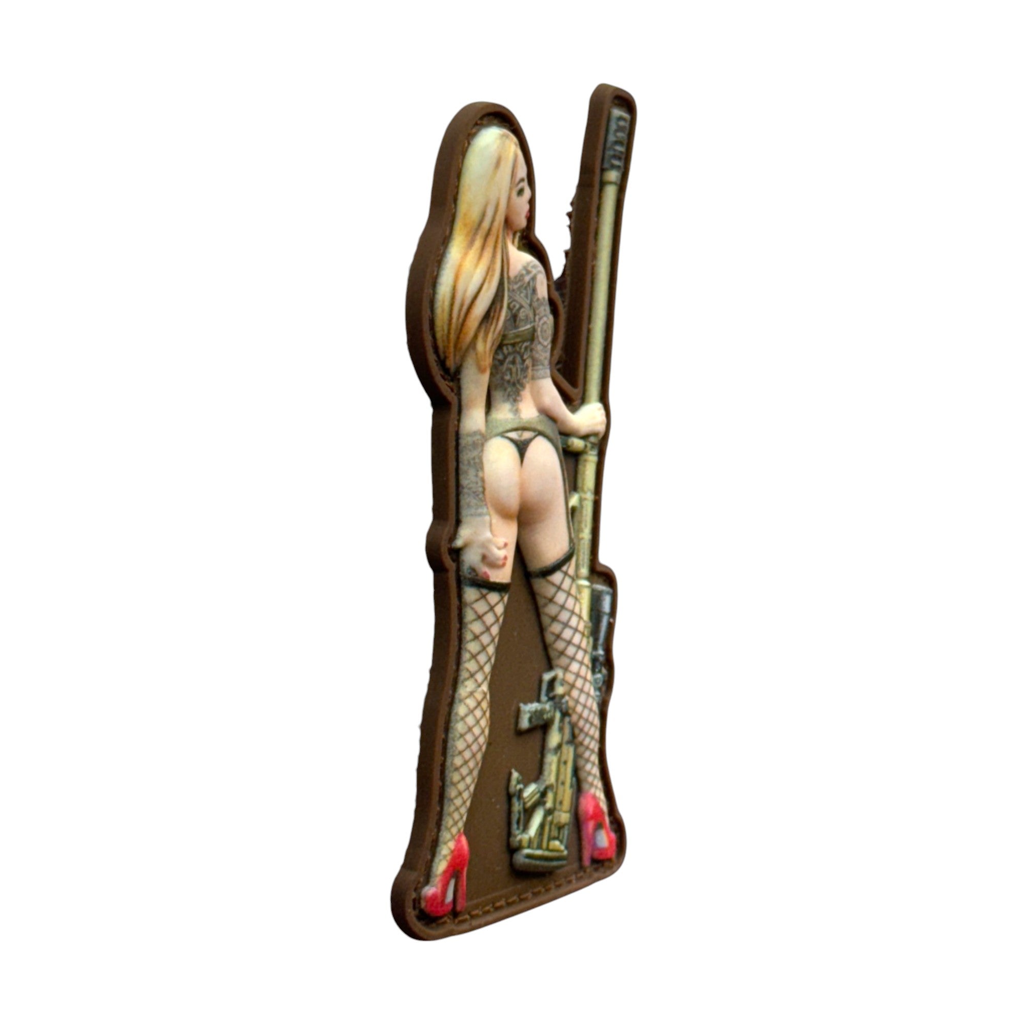 Pinup girl with black tattoos and sniper rifle in hand. tactical military 3D PVC Hook and loop patch. Side view