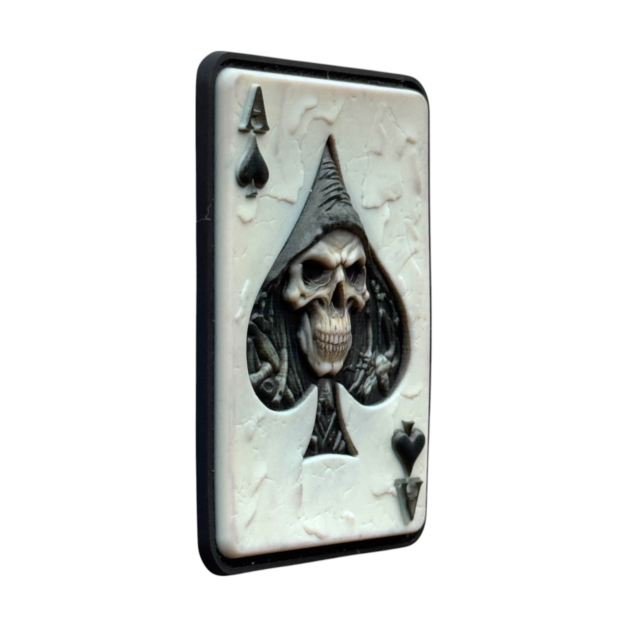 Ace of Spades, white color with skull on a tactical military 3D PVC Velcro patch. Top-quality hook and loop patch, ideal for adding a unique and fun touch to your gear. side view