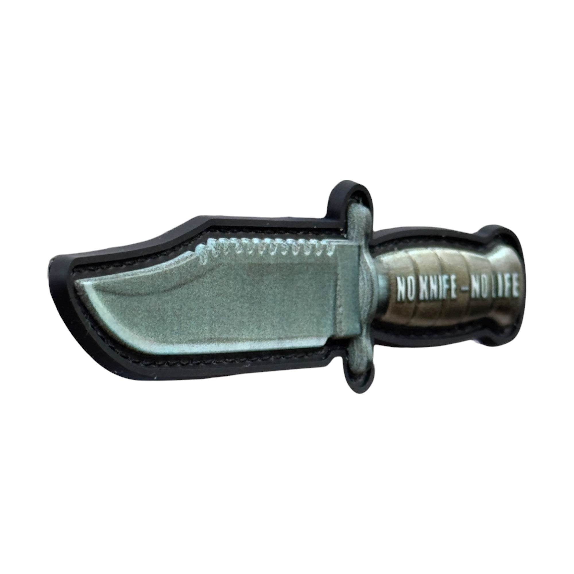 Knife with text on it "no knife - no life" tactical military 3D PVC Hook and loop patch. Side view