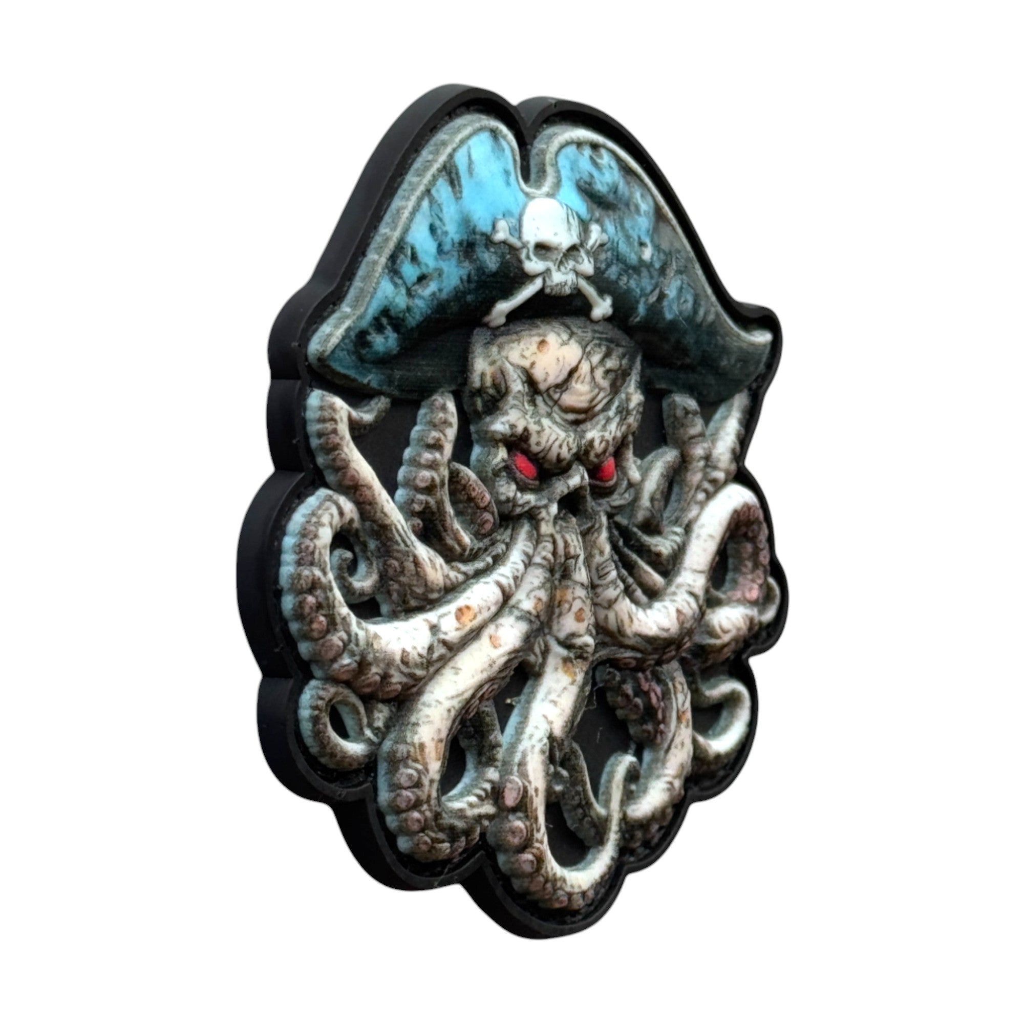 Octopus with red eyes and in pirate hat. tactical military 3D PVC Hook and loop patch. Side view