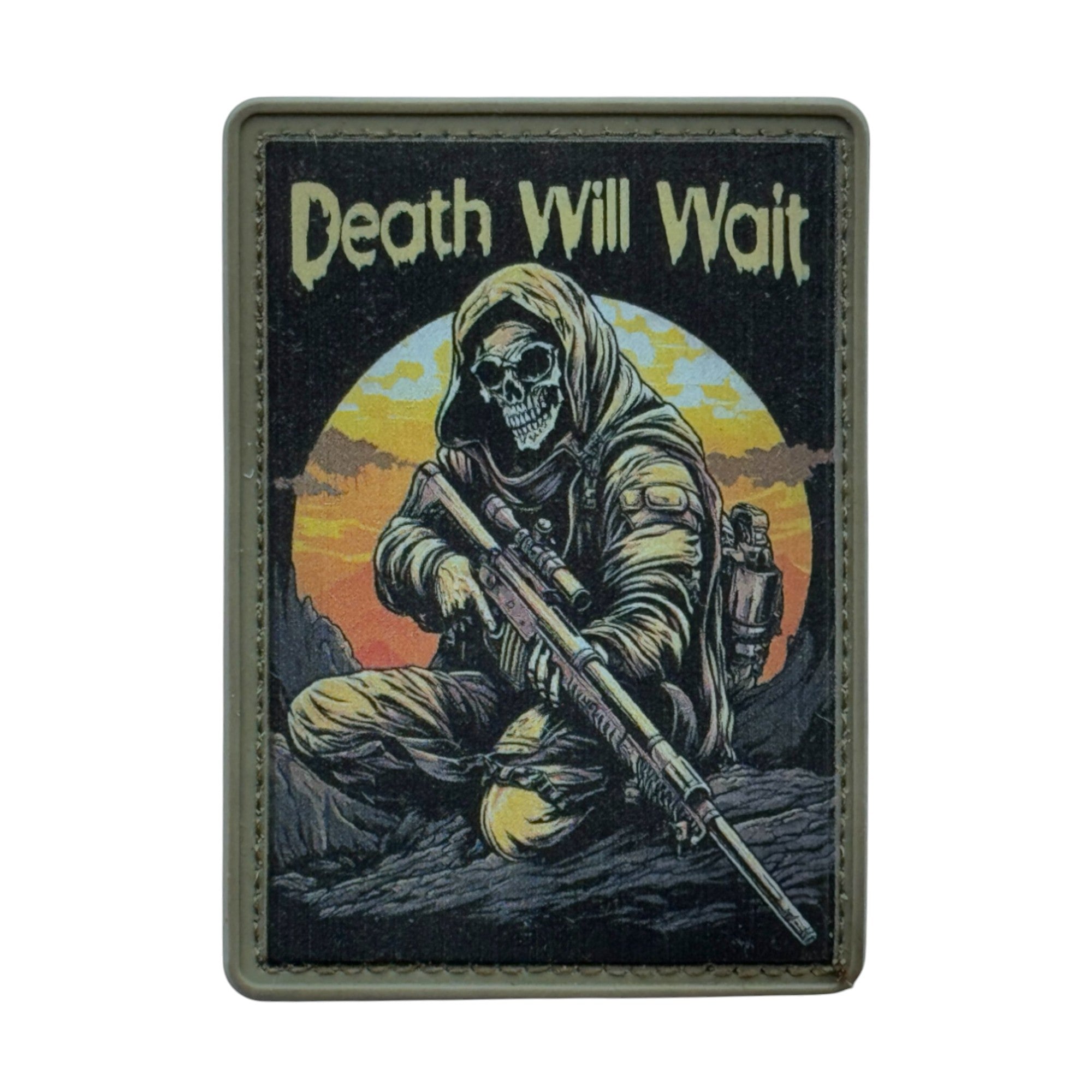 Skull soldier with sniper riffle with text "death will wait" on rectangle tactical military 3D PVC Hook and loop patch.