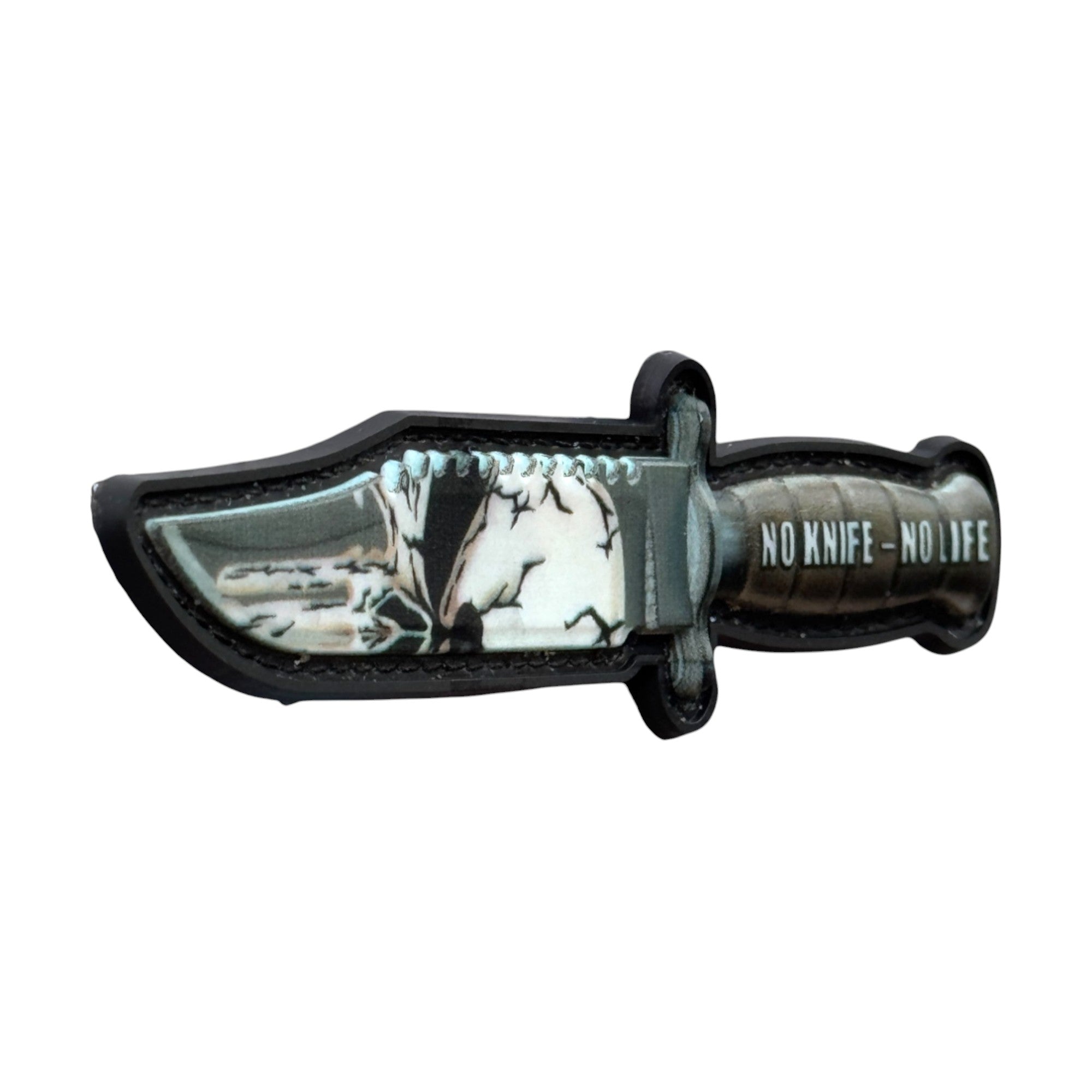 Knife with skull camo and text "no knife - no life" tactical military 3D PVC Hook and loop patch. Side view