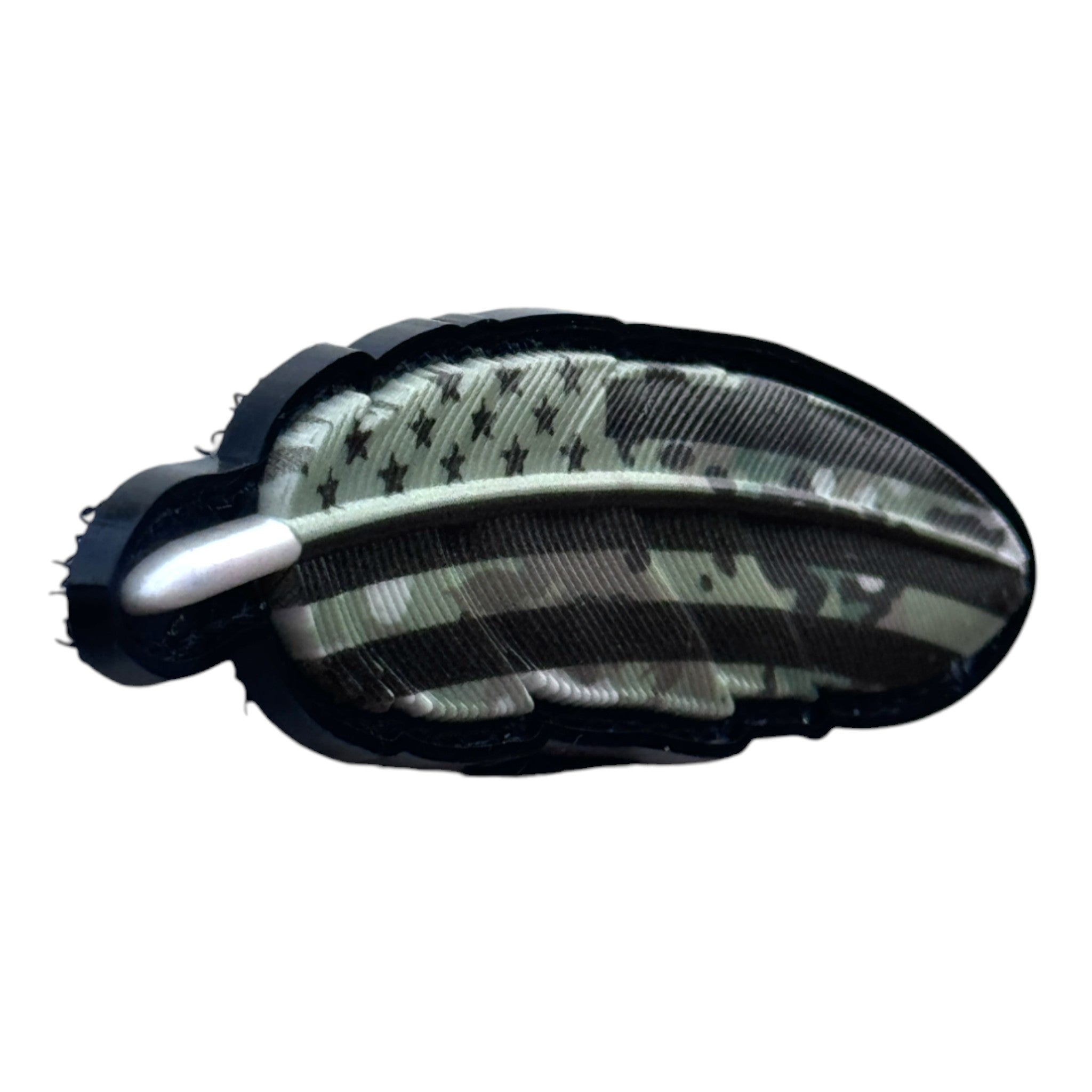 Military Green USA flag feather 3D PVC Velcro patch with hook and loop backing. Side view