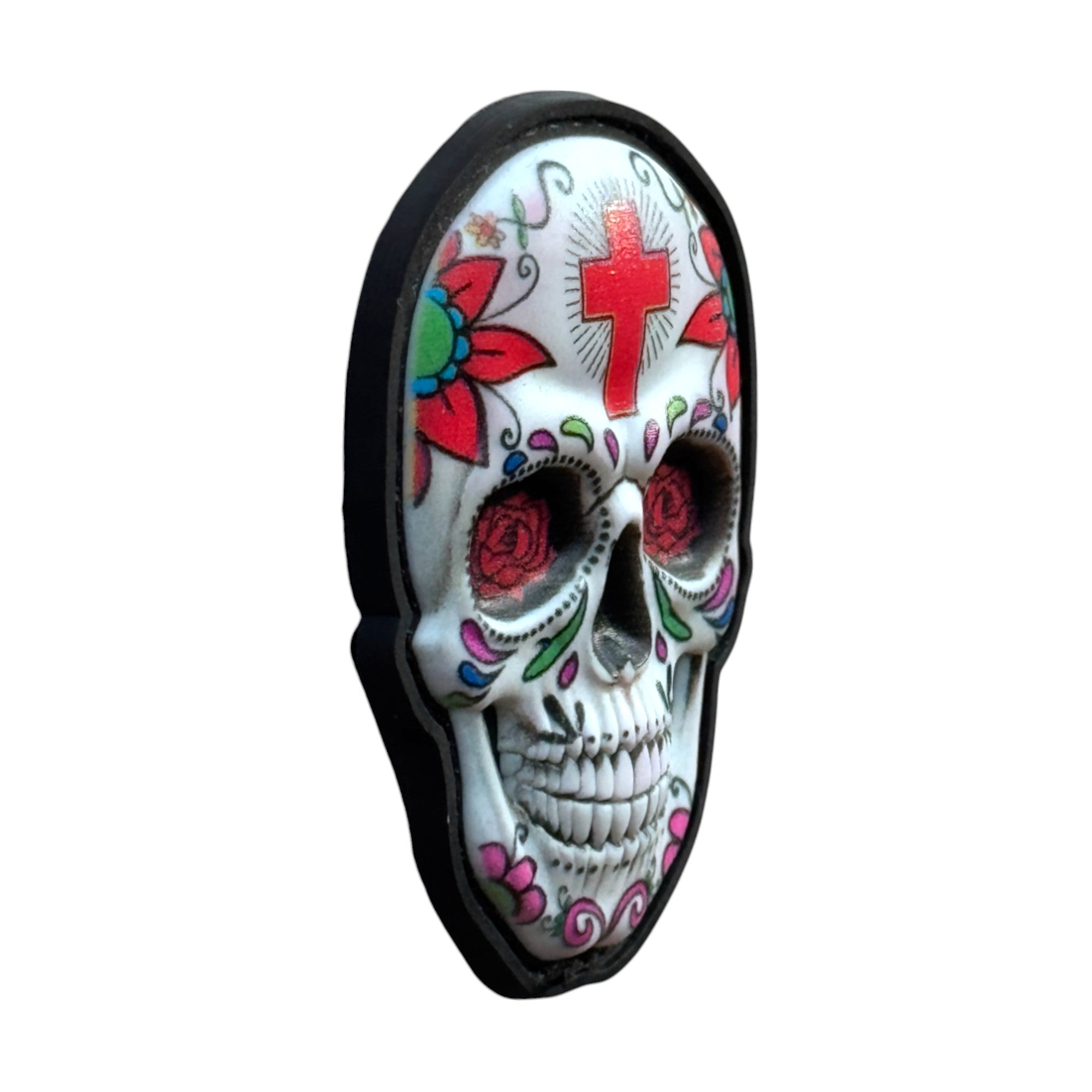 Multicolor Mexican skull on tactical military 3D PVC Hook and loop patch. Side view