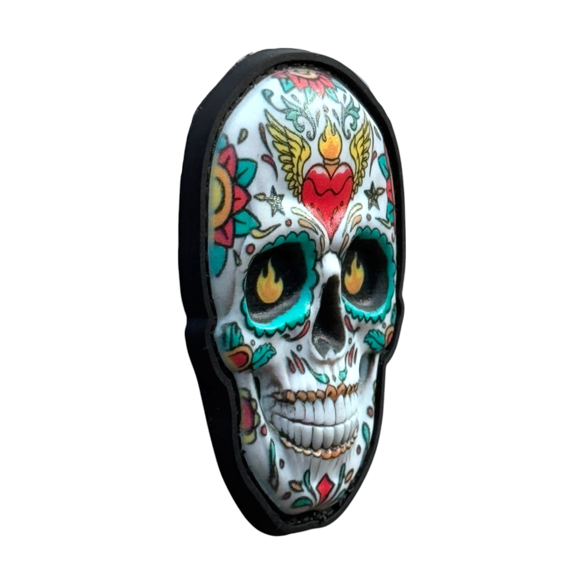 Multicolor camo Mexican skull on tactical military 3D PVC Hook and loop patch.