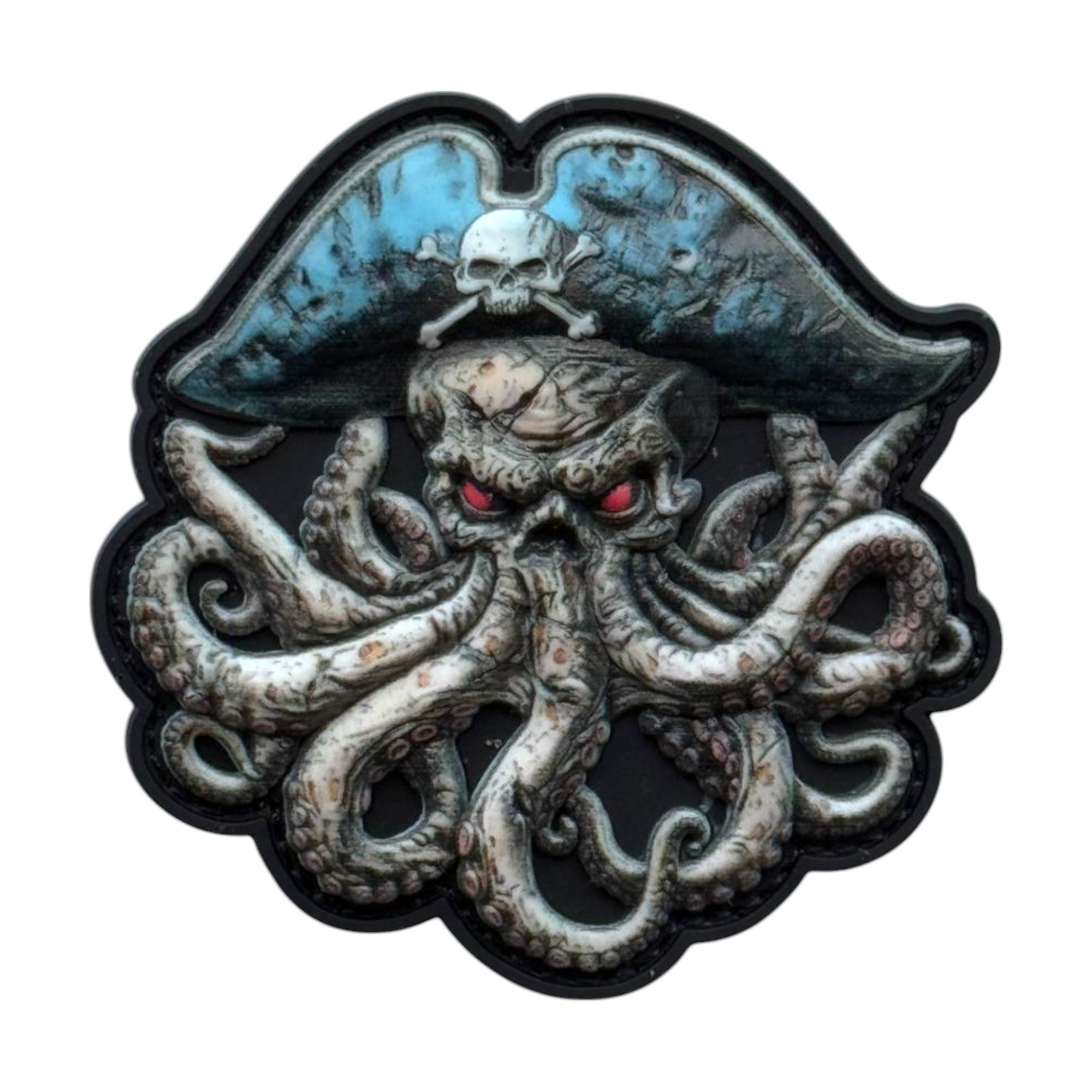 Octopus with red eyes and in pirate hat. tactical military 3D PVC Hook and loop patch.