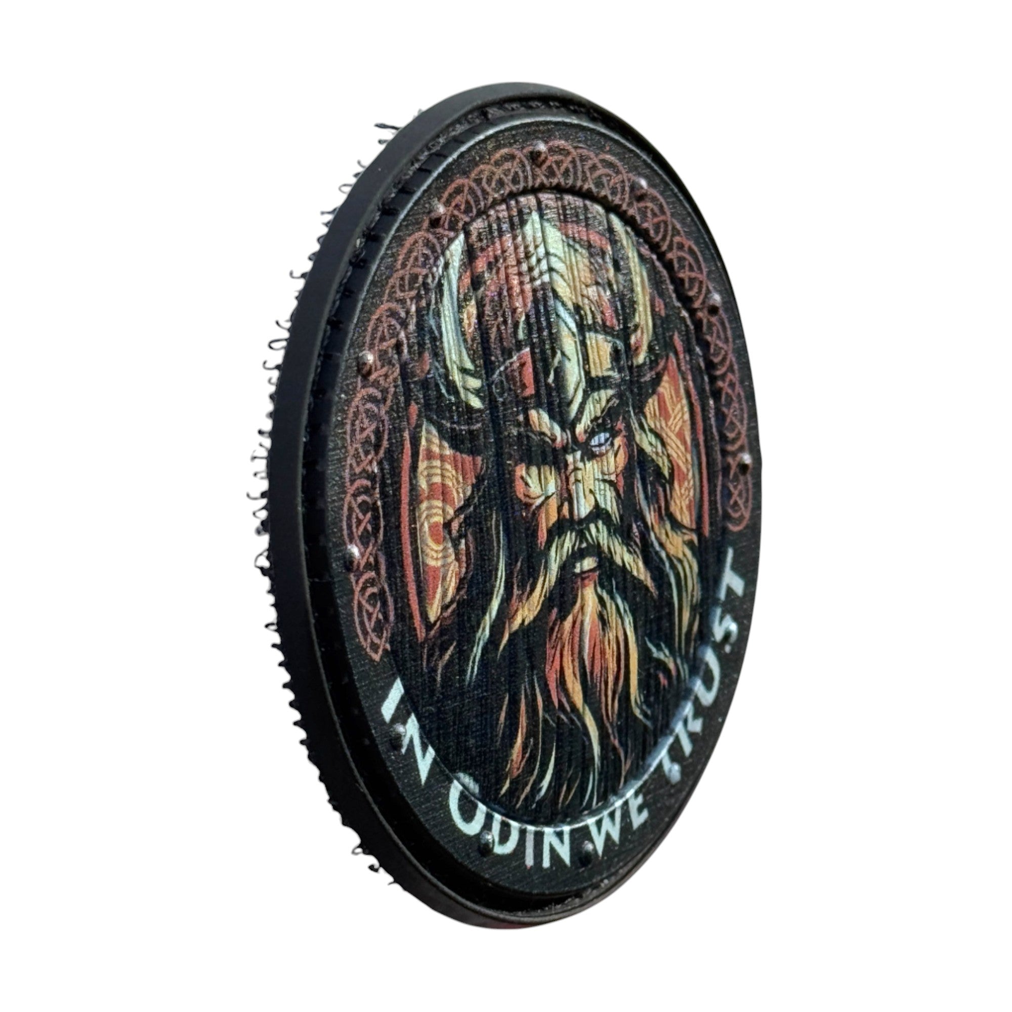 Odin with text "in Odin we trust" on circle tactical military 3D PVC Hook and loop patch. side view