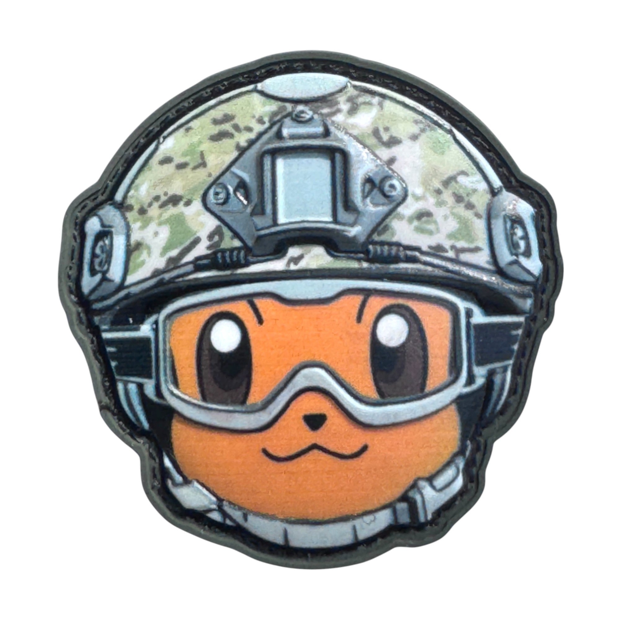 Orange face emoji wearing a combat helmet on a tactical military 3D PVC Hook and loop patch. Ideal for adding a unique and fun touch to your gear.