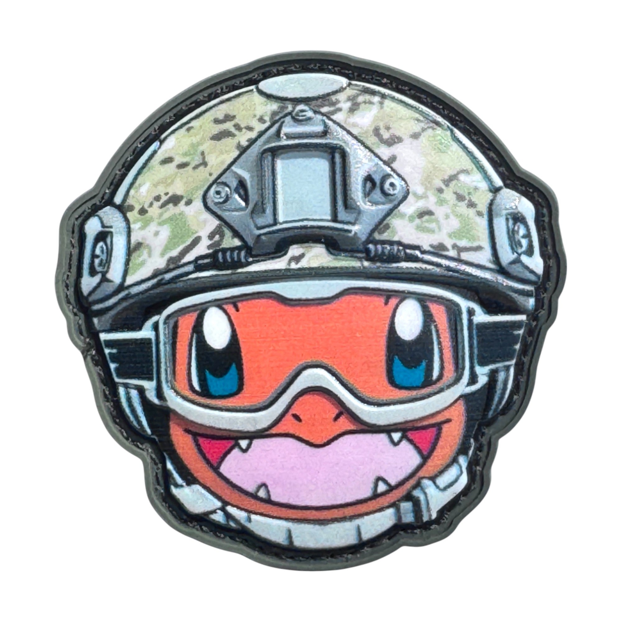 Orange smiling emoji wearing a combat helmet on a tactical military 3D PVC Hook and loop patch. Ideal for adding a unique and fun touch to your gear.
