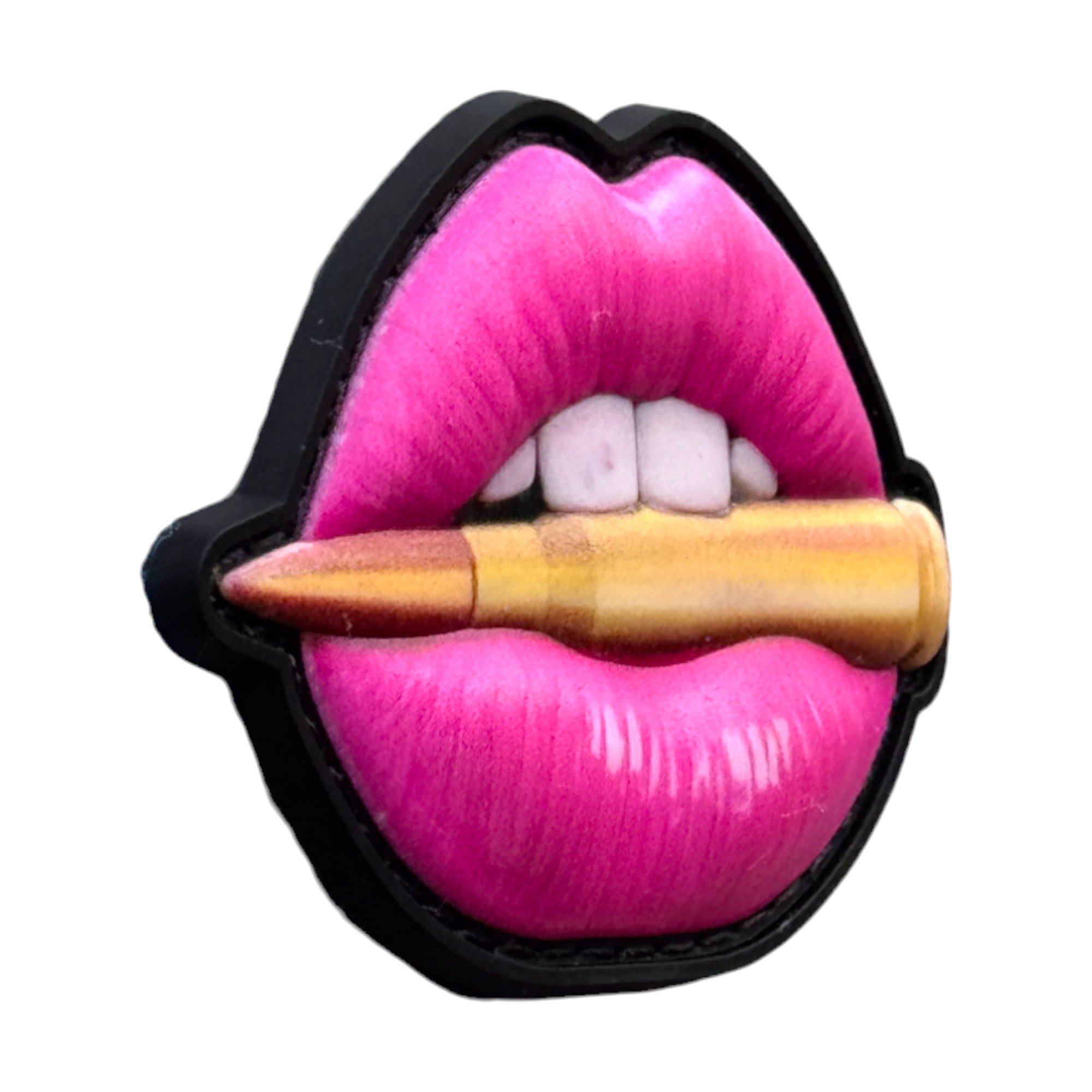 Pink camo lips with bullet tactical military 3D PVC Hook and loop patch. Side view