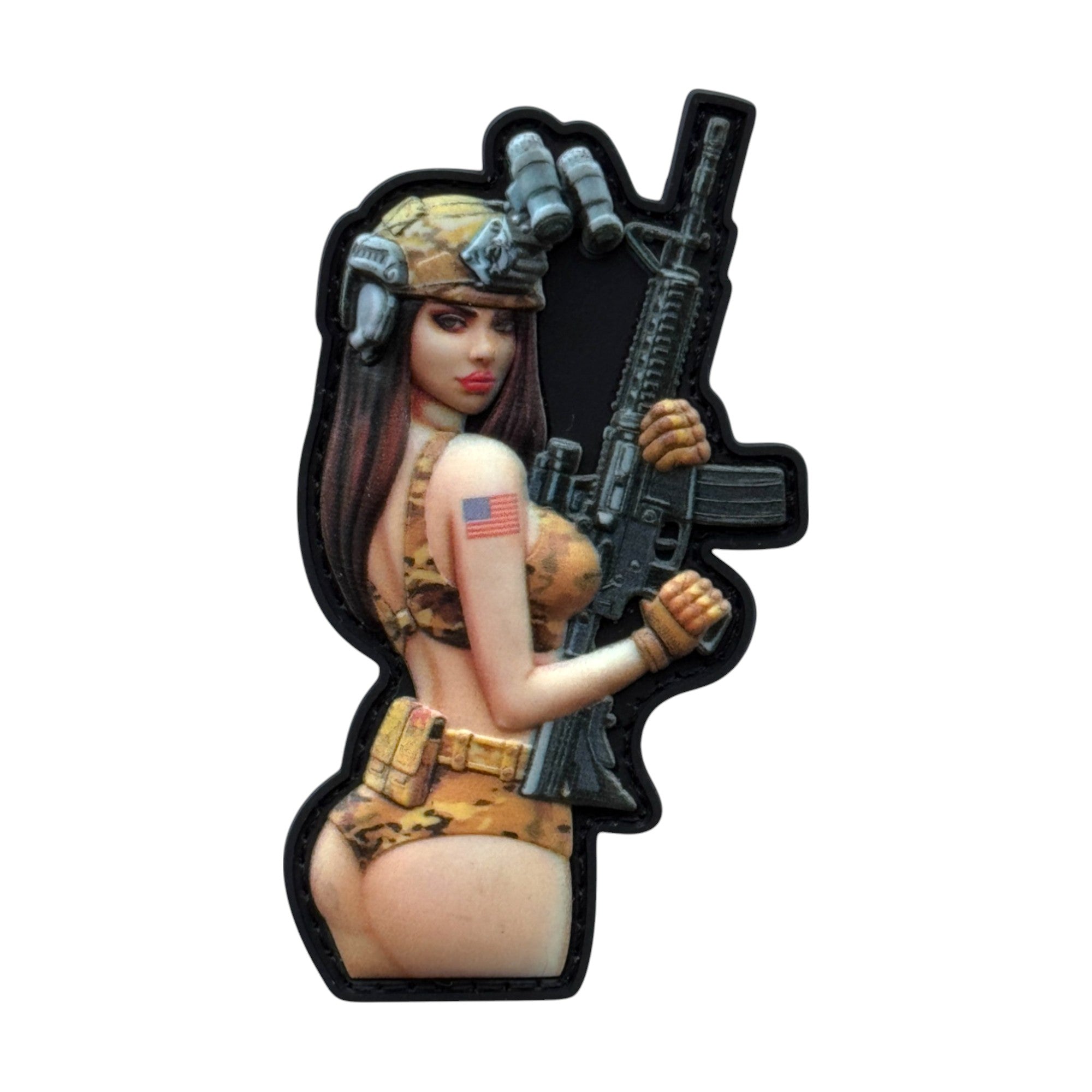 Pinup girl with USA flag tattoo on shoulder and rifle in hand. wearing helmet. tactical military 3D PVC Hook and loop patch.