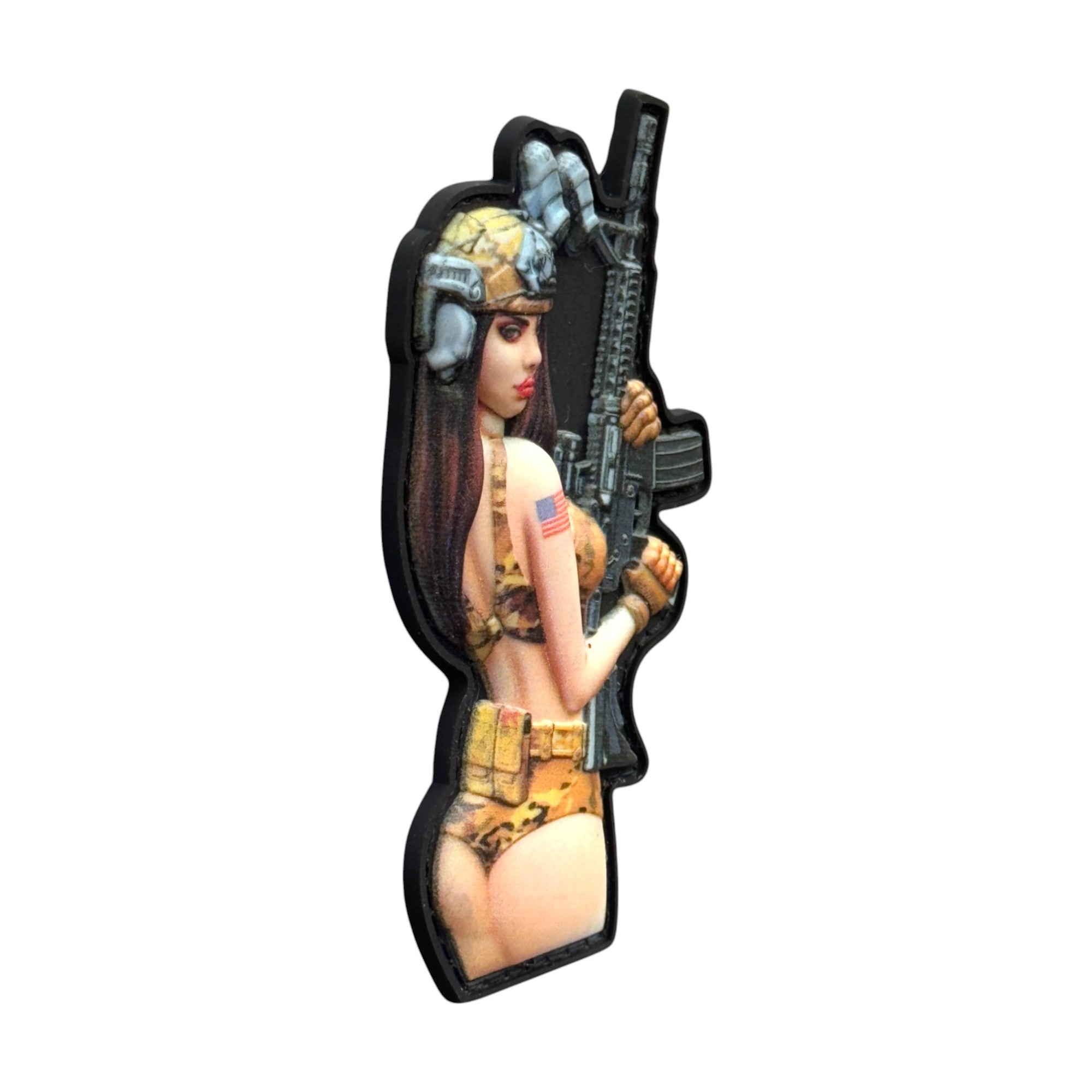Pinup girl with USA flag tattoo on shoulder and rifle in hand. wearing helmet. tactical military 3D PVC Hook and loop patch. Side view